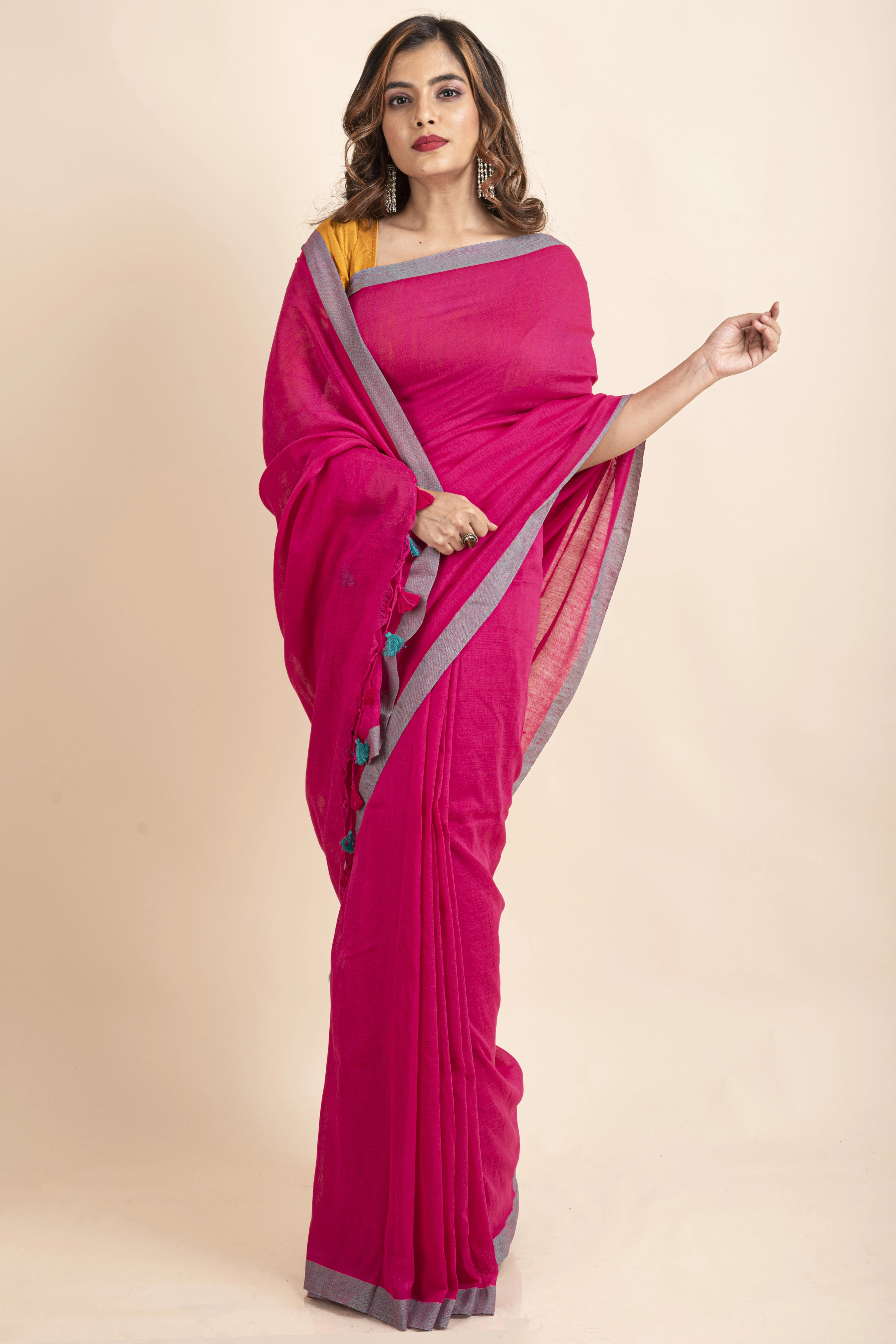 Fuchsia Pink Handloom Cotton Teal Green Border Saree with Blouse Piece-LAAKCHS005