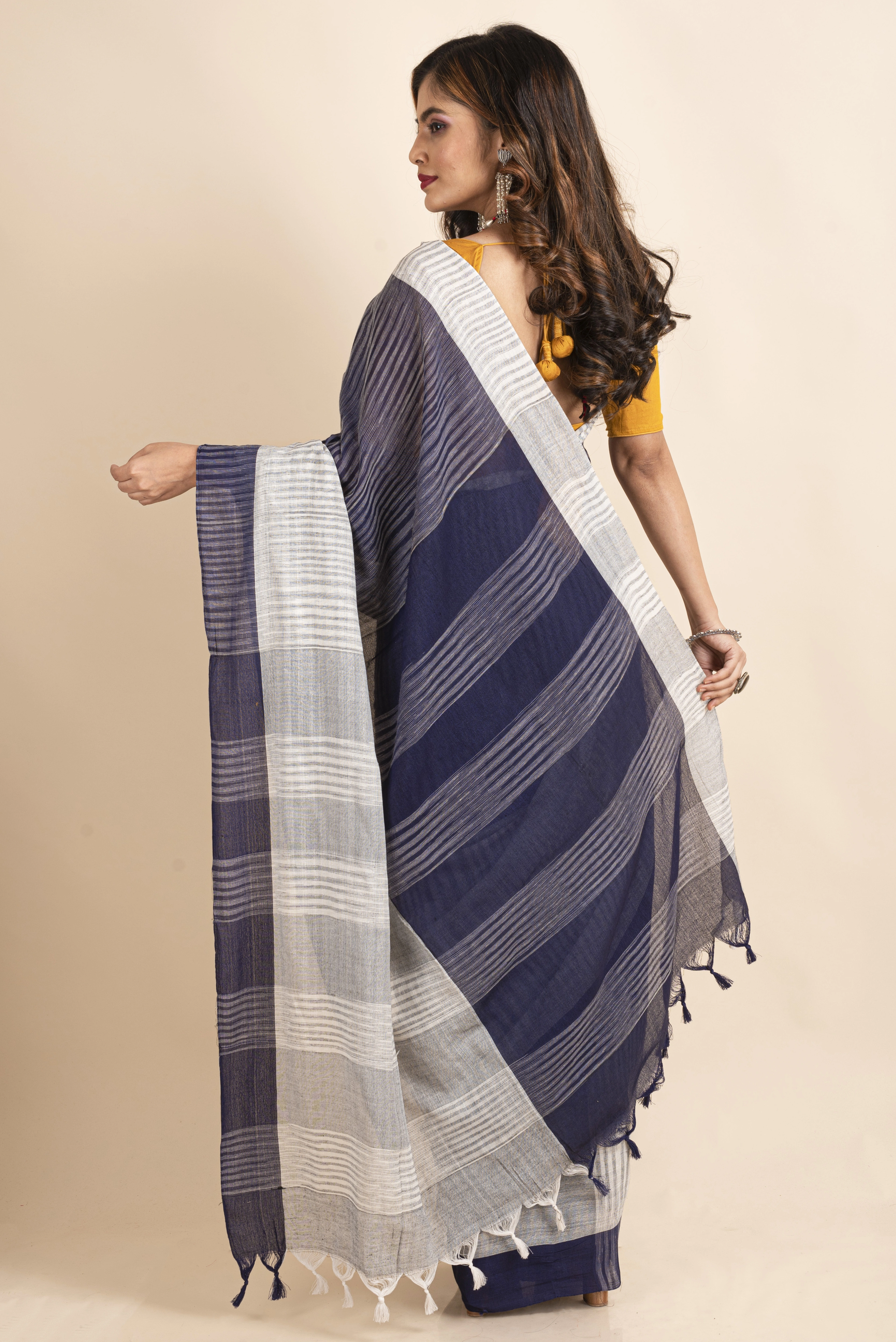 Pure Cotton Grey Blue Santipuri Pompom Jharna Saree-Grey-Cotton-One Size-Sari-Female-Adult-1