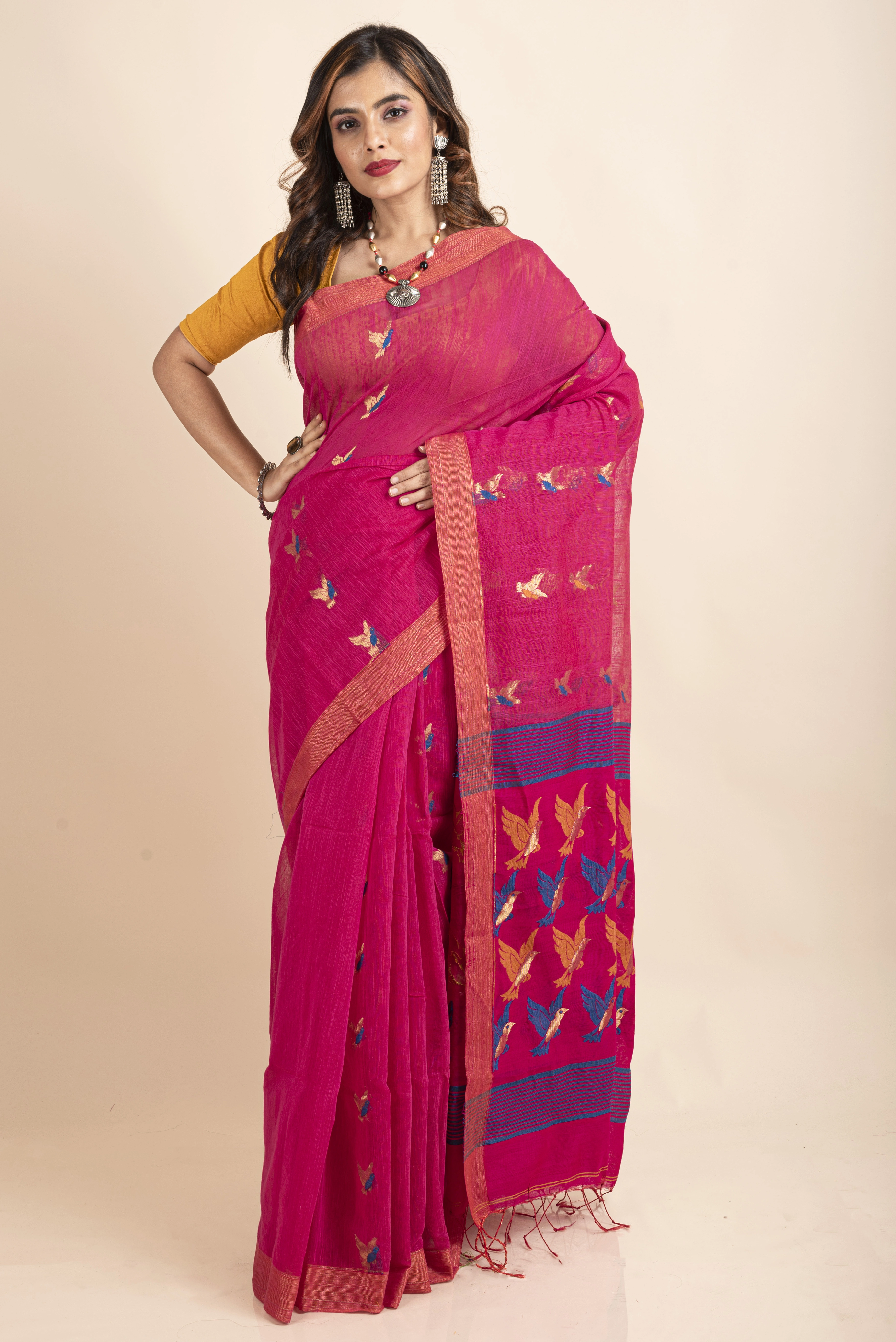 Pink Blue Bird Woven Cotton Silk Golden Zari Saree with Blouse Piece-LAACSHS018