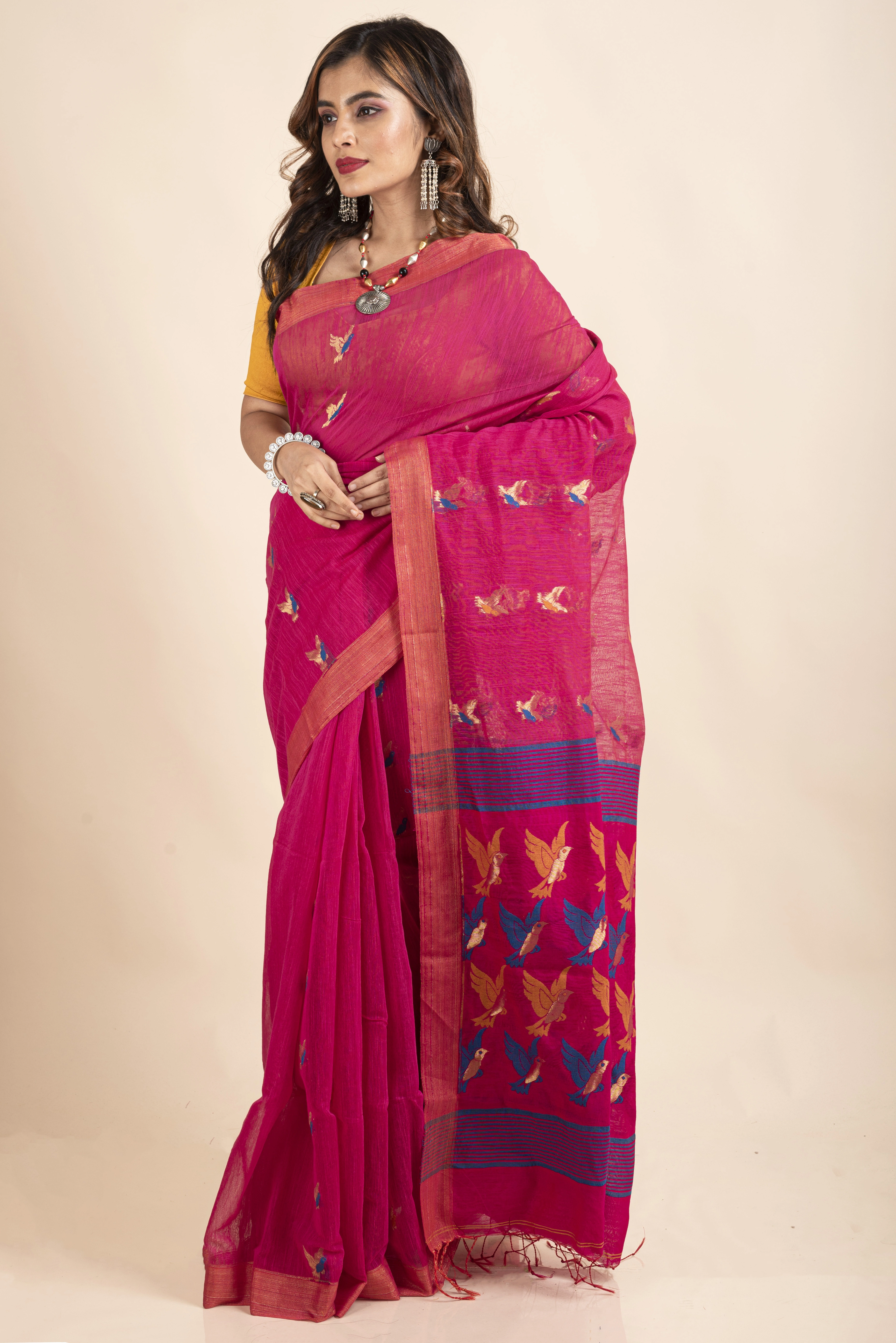 Pink Blue Bird Woven Cotton Silk Golden Zari Saree with Blouse Piece-4