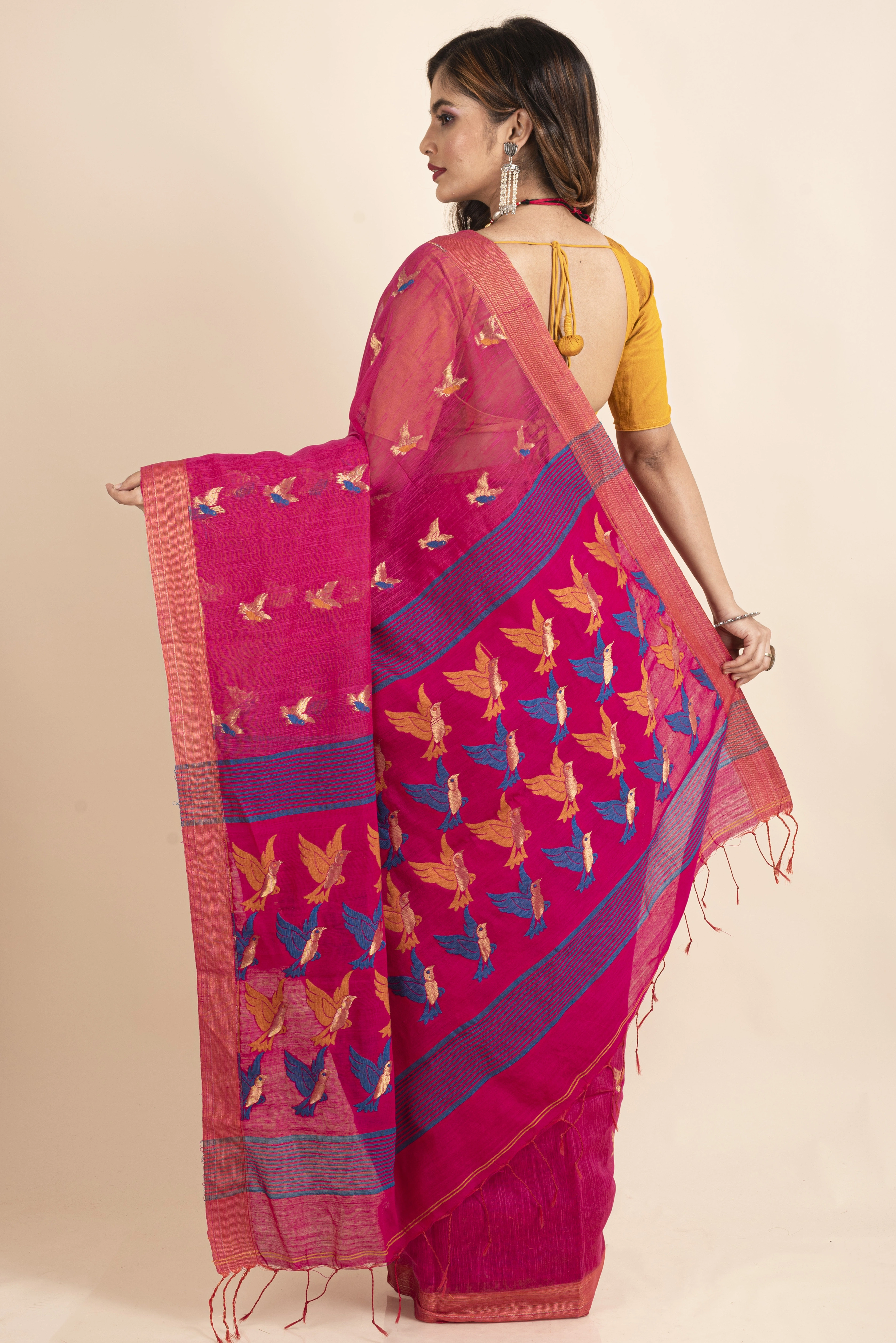 Pink Blue Bird Woven Cotton Silk Golden Zari Saree with Blouse Piece-1