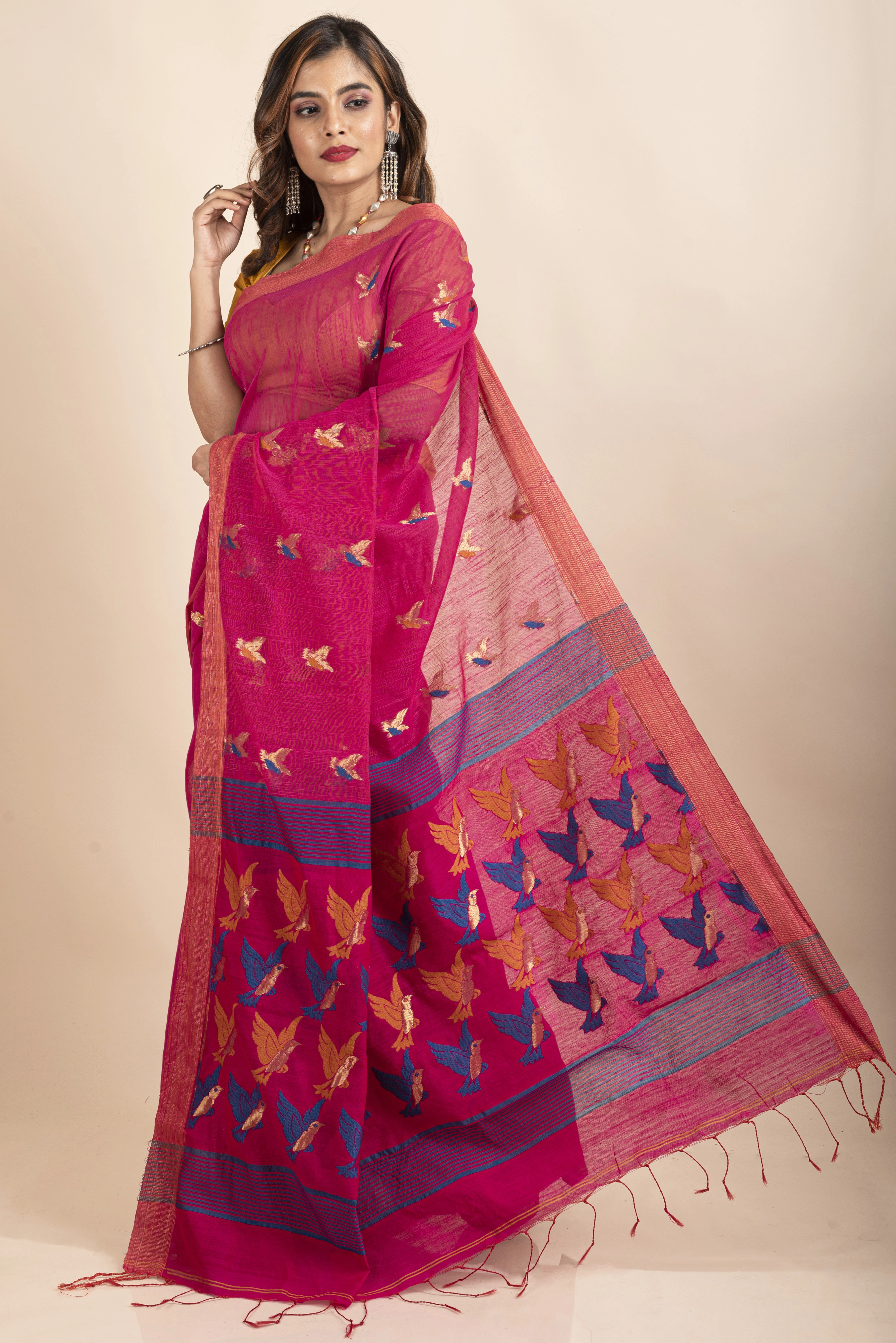 Pink Blue Bird Woven Cotton Silk Golden Zari Saree with Blouse Piece-2