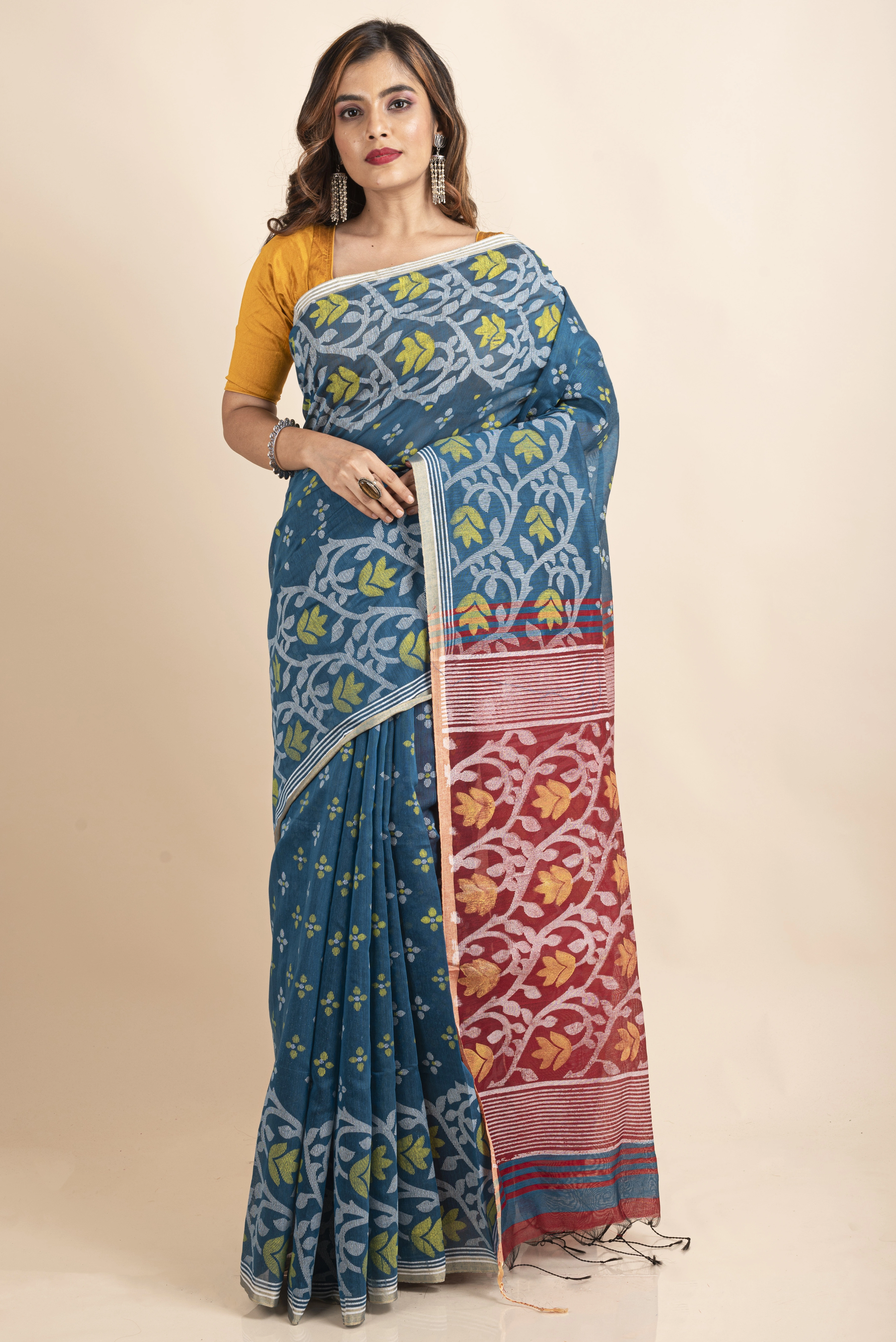 Blue Maroon Cotton Silk Madhabilata Print Saree with Blouse Piece-LAACSHS020