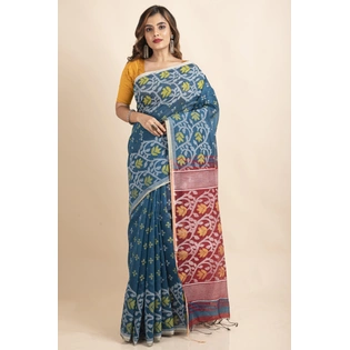 Blue Maroon Cotton Silk Madhabilata Print Saree with Blouse Piece