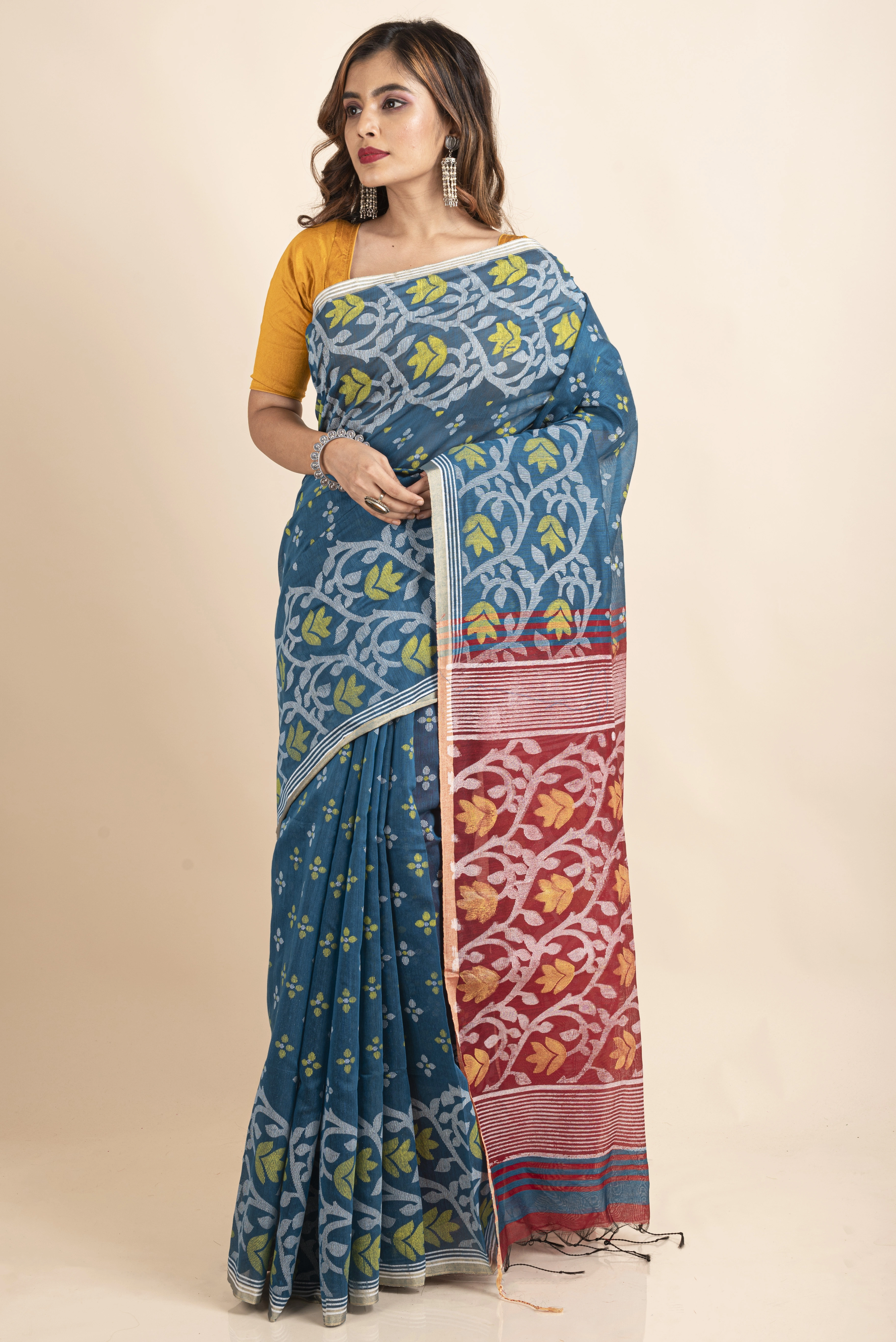 Blue Maroon Cotton Silk Madhabilata Print Saree with Blouse Piece-4