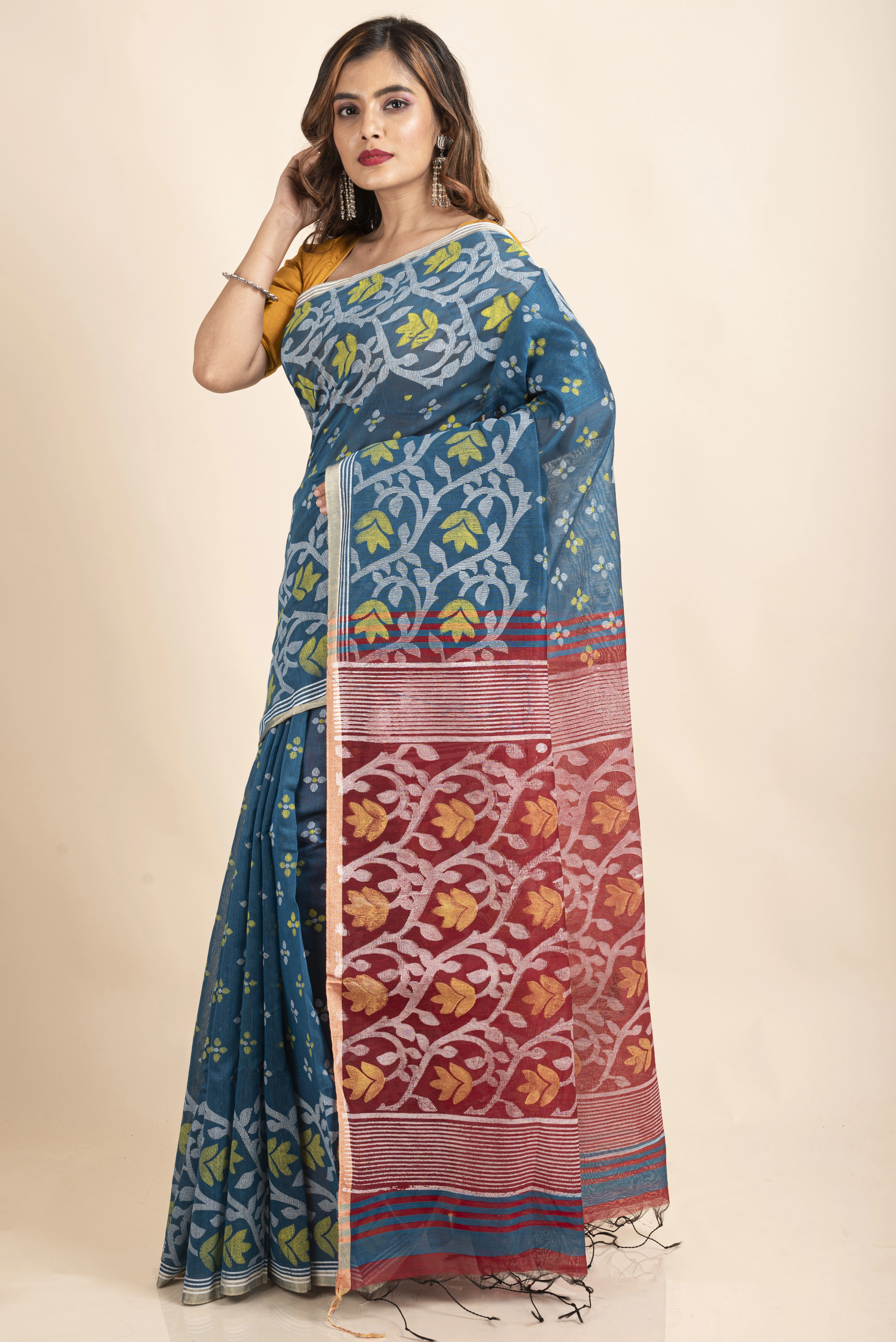 Blue Maroon Cotton Silk Madhabilata Print Saree with Blouse Piece-5