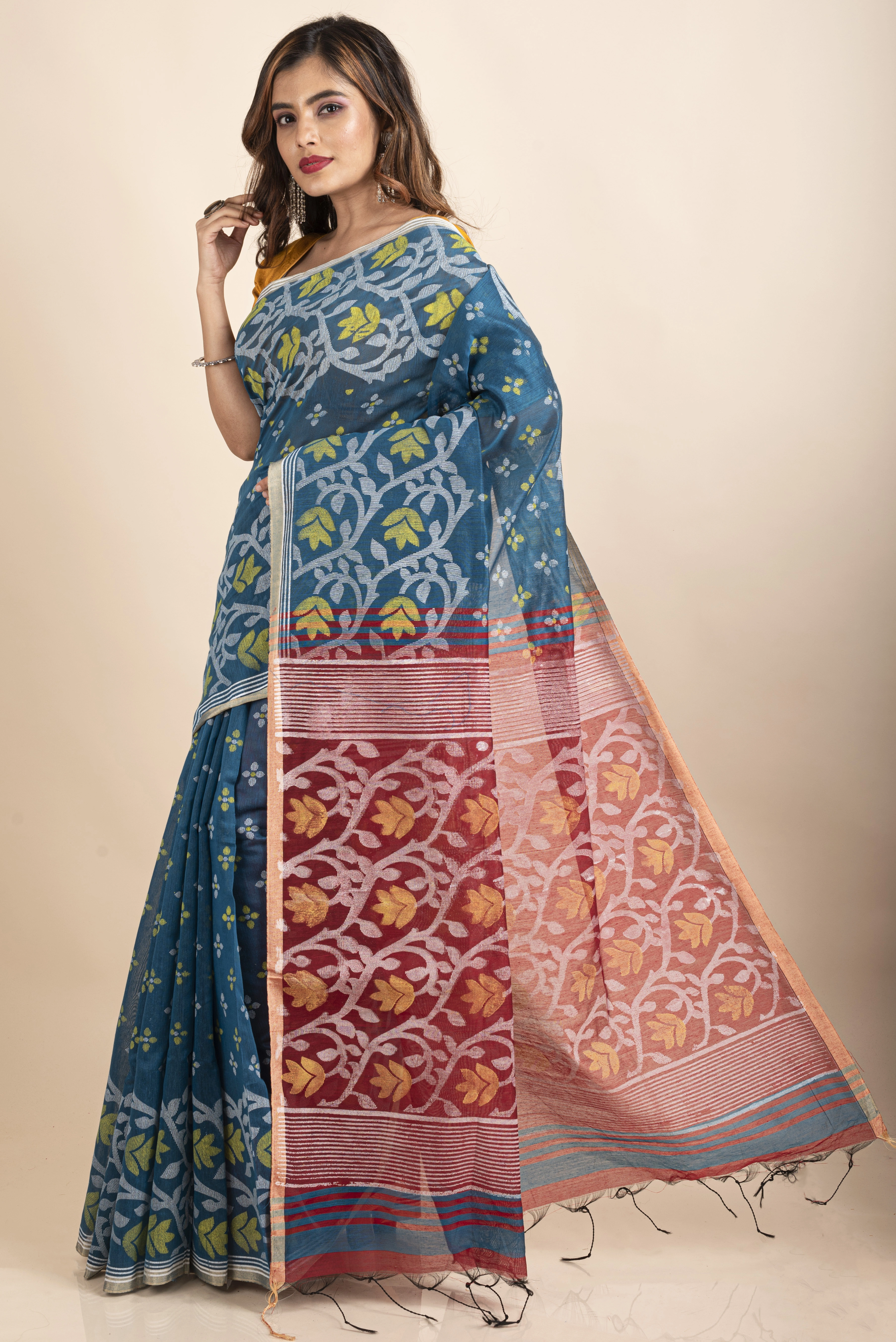 Blue Maroon Cotton Silk Madhabilata Print Saree with Blouse Piece-2