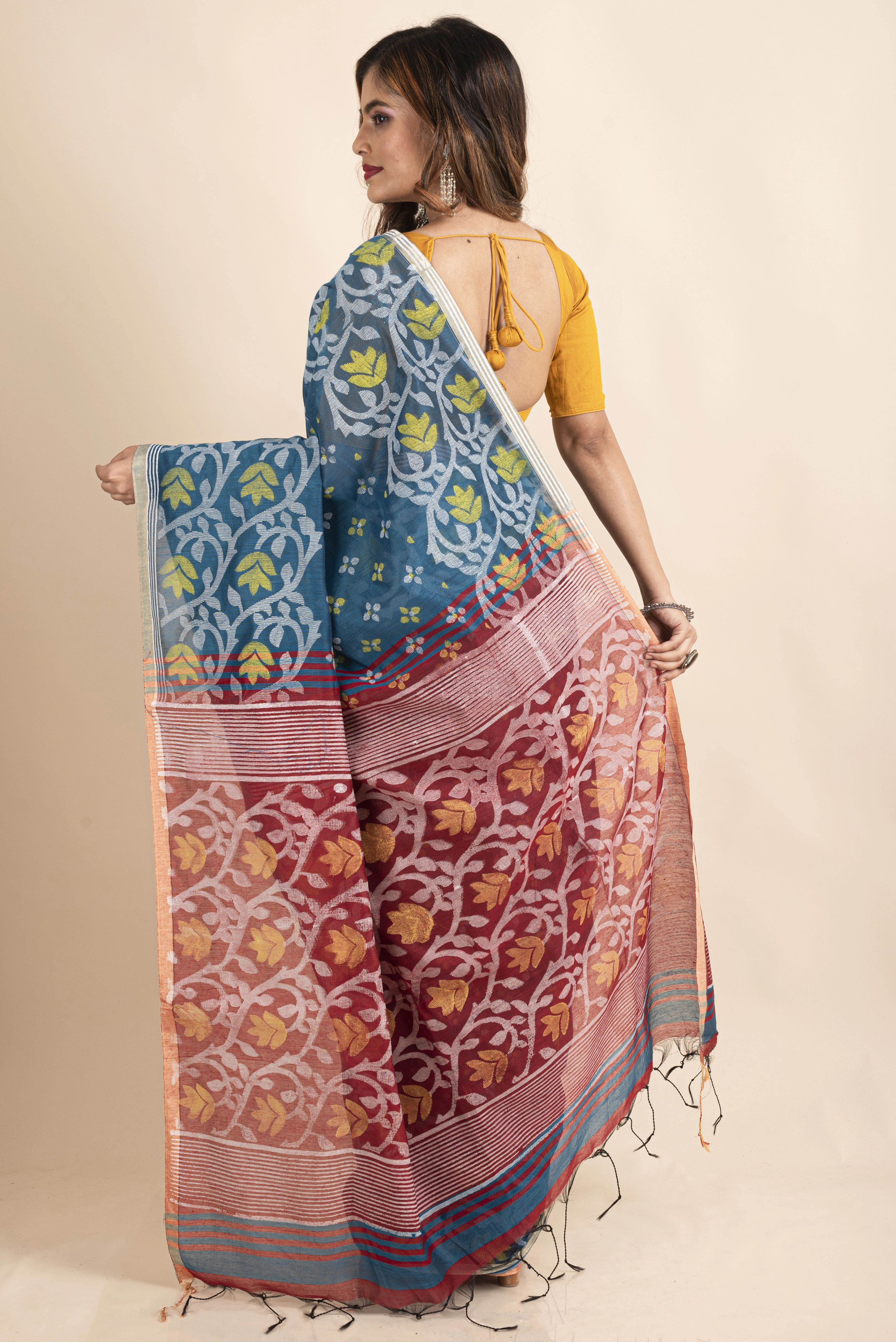 Blue Maroon Cotton Silk Madhabilata Print Saree with Blouse Piece-1