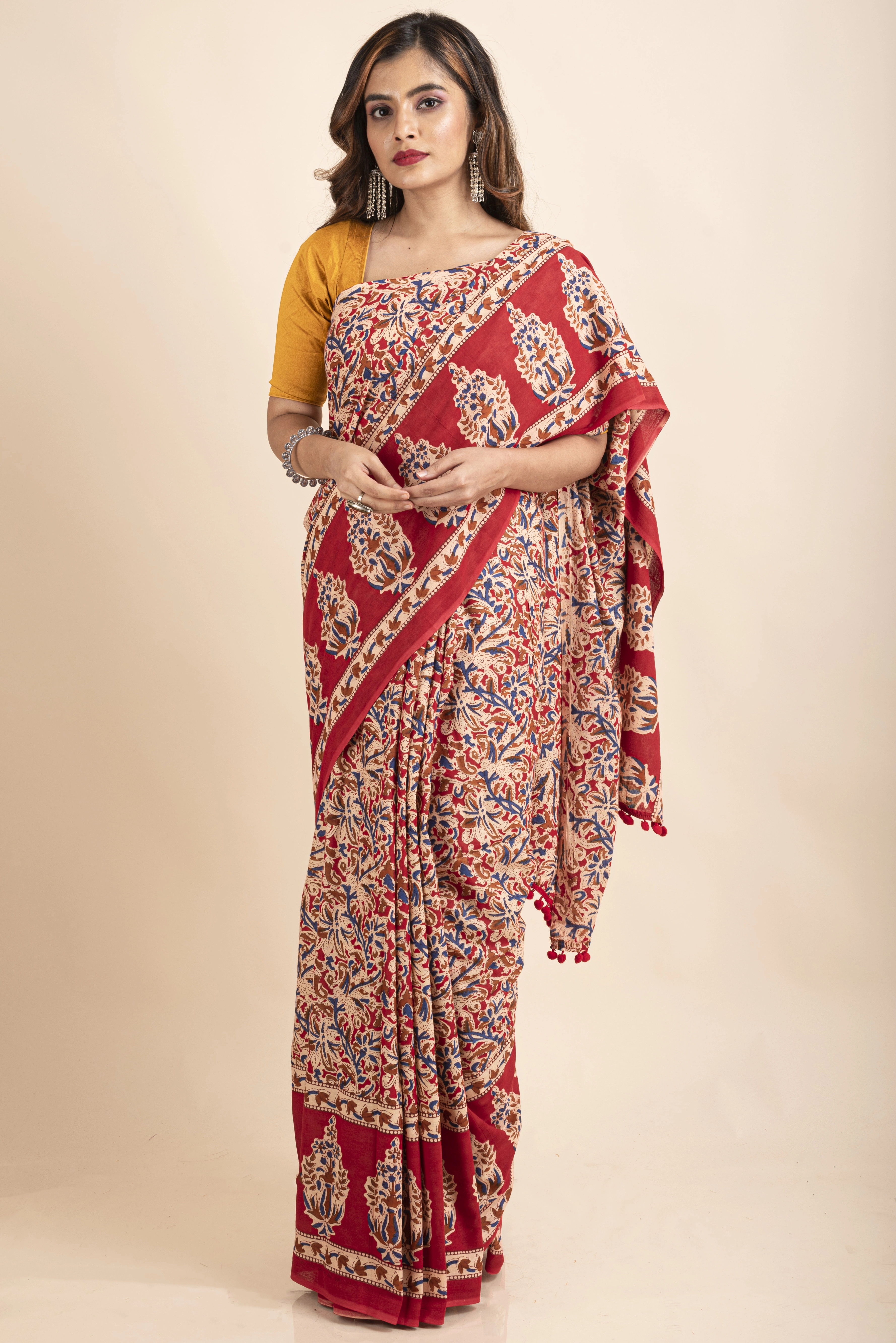 Pure Cotton Red Blue Floral Kalamkari Pompom Saree-LAAPCKS006