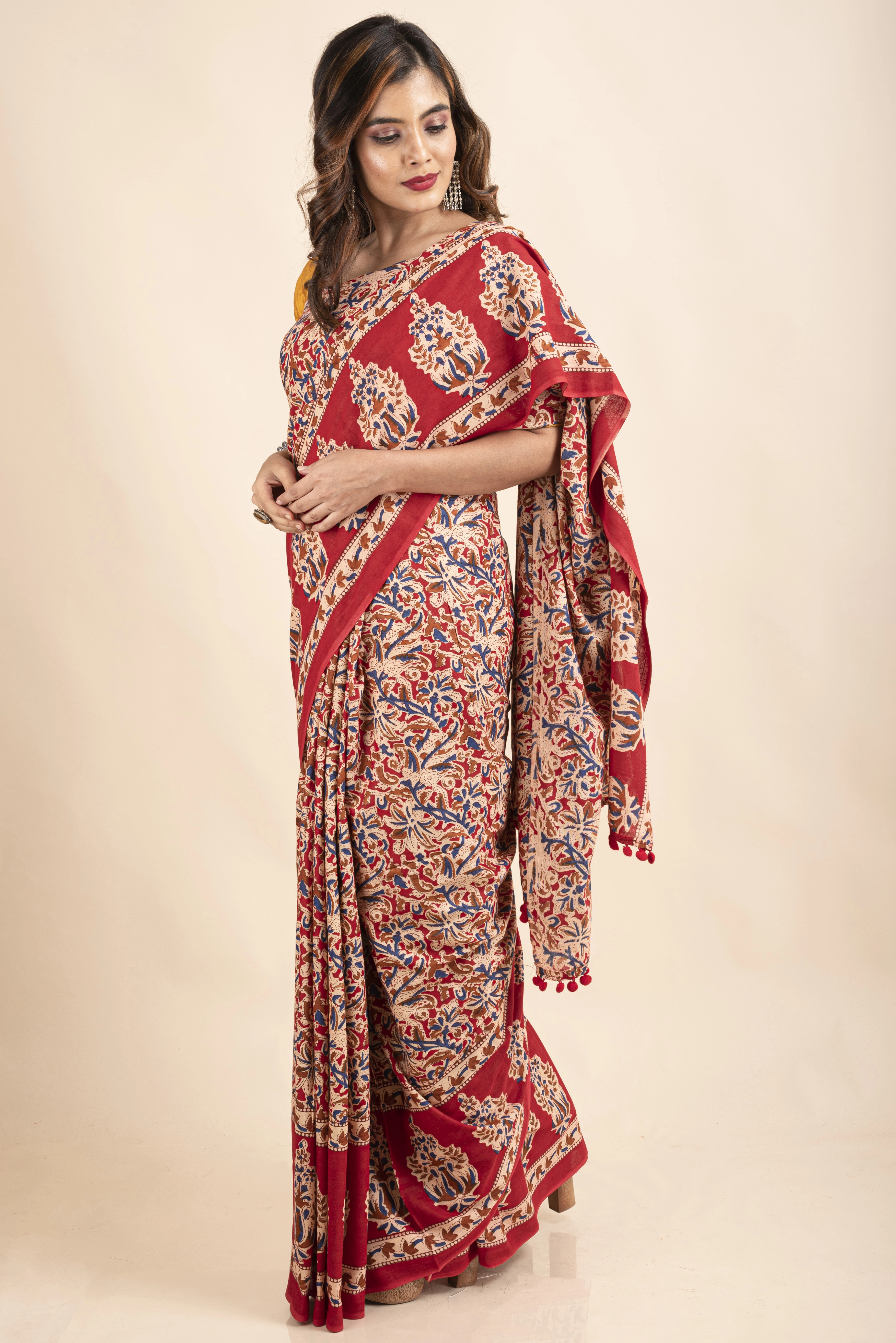 Pure Cotton Red Blue Floral Kalamkari Pompom Saree-5