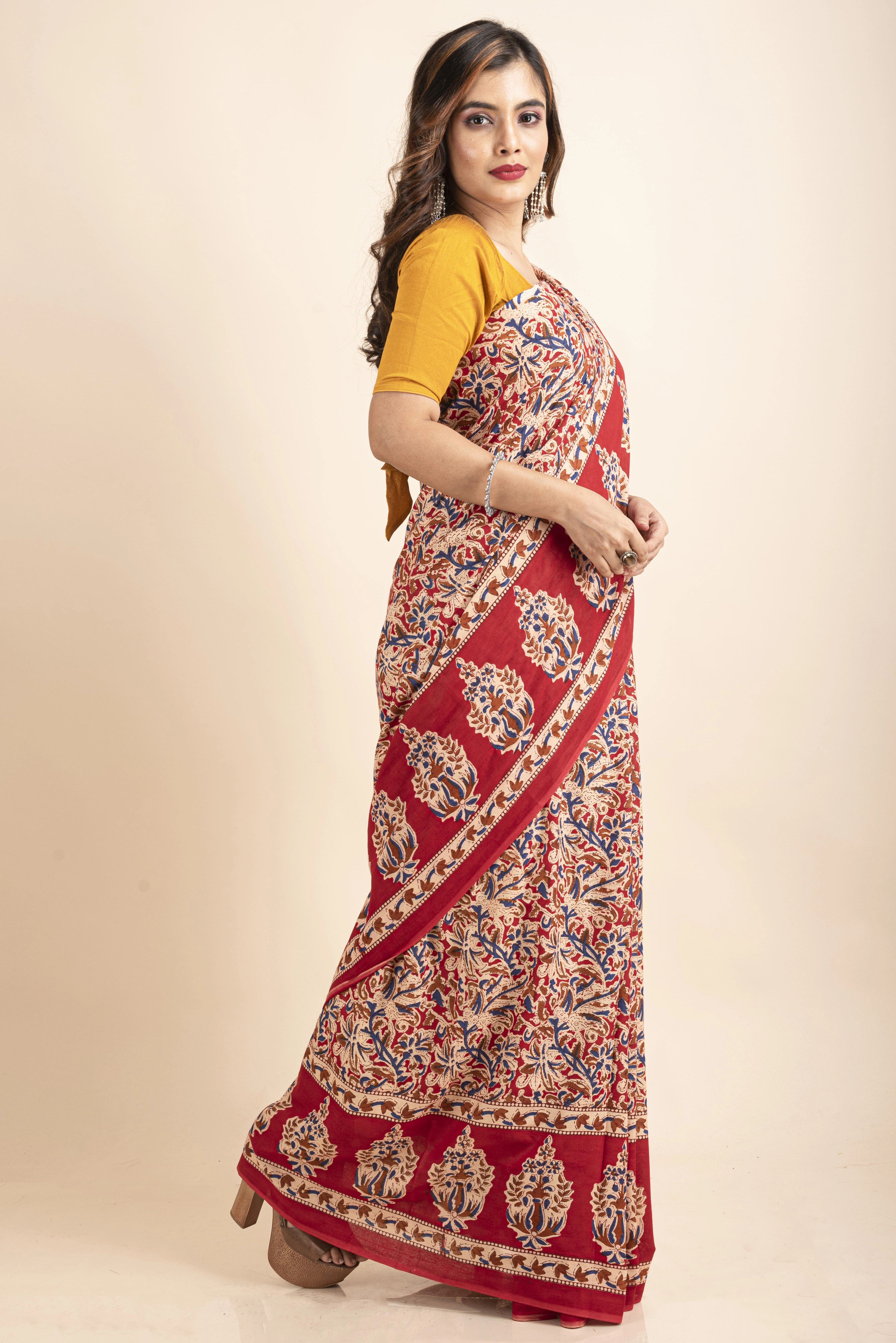 Pure Cotton Red Blue Floral Kalamkari Pompom Saree-3