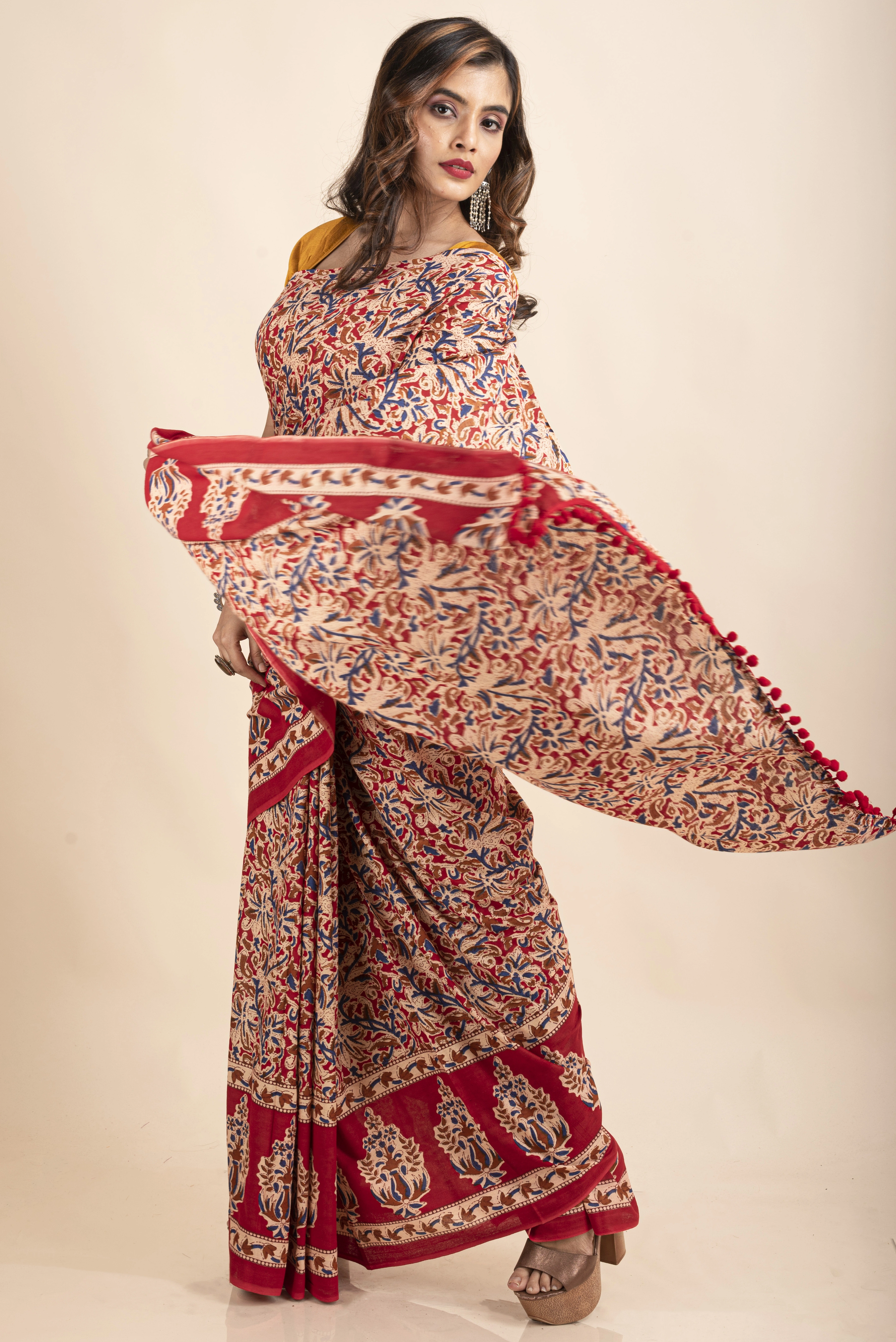 Pure Cotton Red Blue Floral Kalamkari Pompom Saree-2