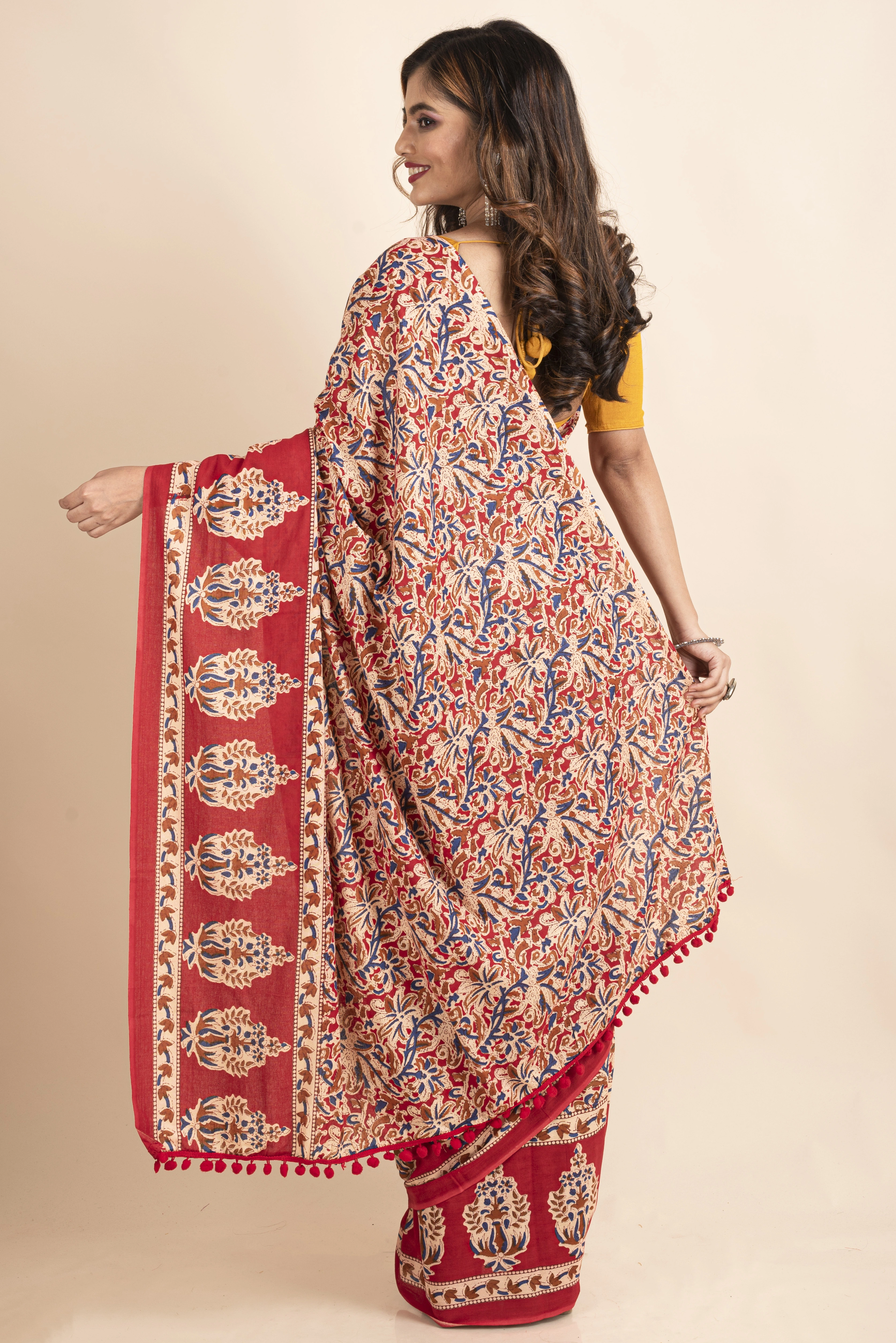 Pure Cotton Red Blue Floral Kalamkari Pompom Saree-1