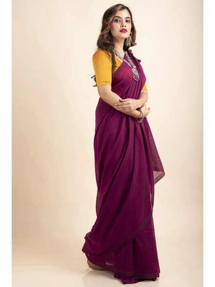 Grape Purple Mercerized Handloom Cotton Saree with Blouse Piece-Purple-Cotton-One Size-Sari-Female-Adult-4
