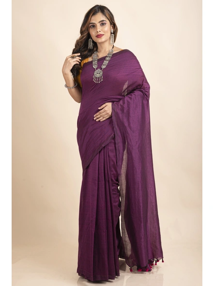 Egg Plant Mercerized Handloom Cotton Saree with Blouse Piece-LAAMHCWBP025