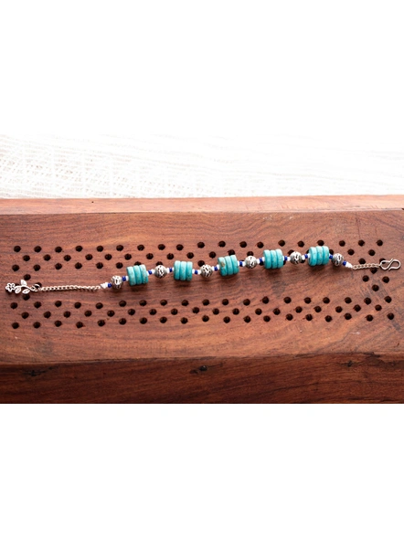 Designer Semi precious Turquoise Disc Bracelet with German Silver Spacer Seed bead Adjustable chain and Floral Charm-1