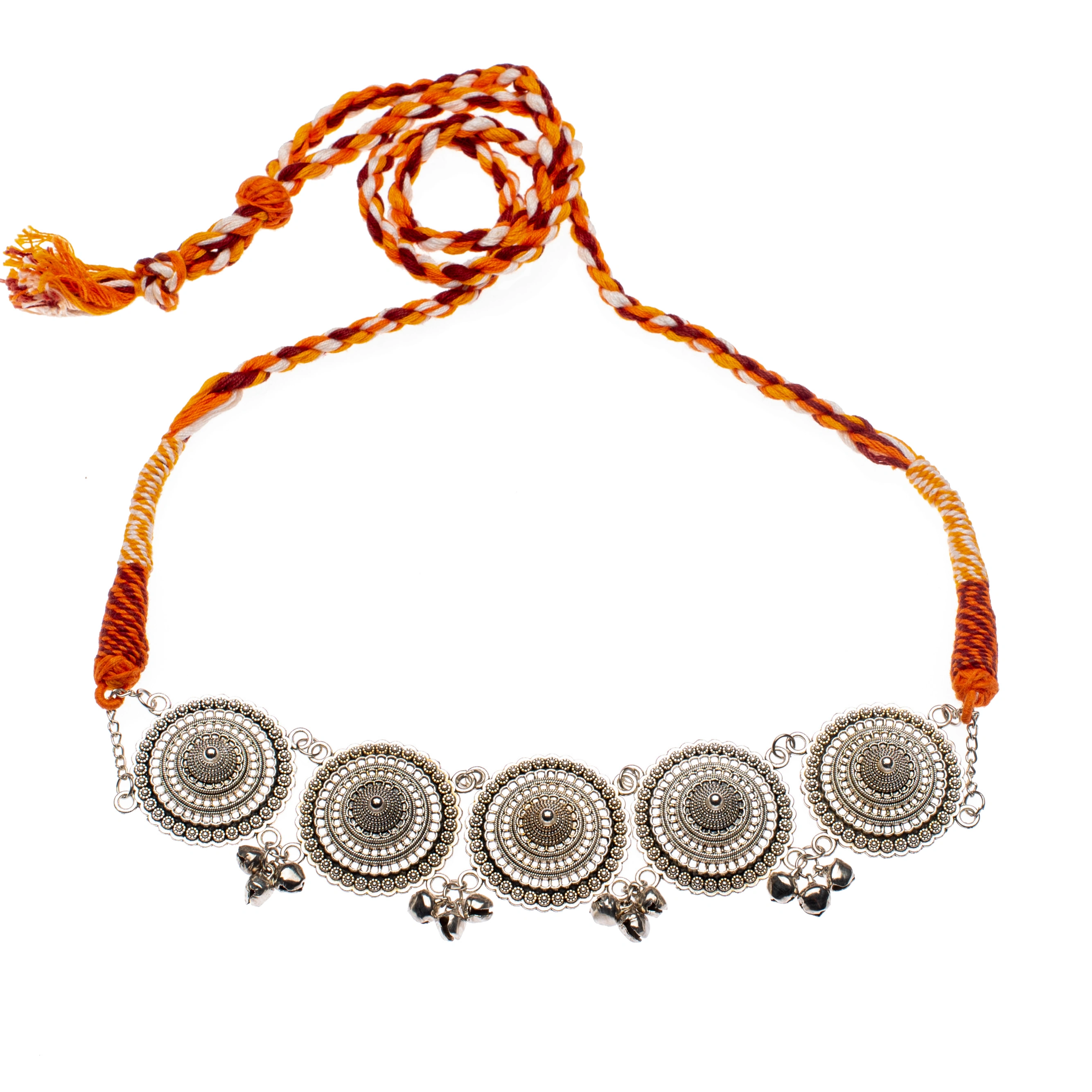 Handmade Designer German Silver choker with Ghungroo and Adjustable Orange Dori-2