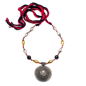 Designer German Silver Durga Devi dual tone Dholki neckpiece with Red Black Adjustable Dori
