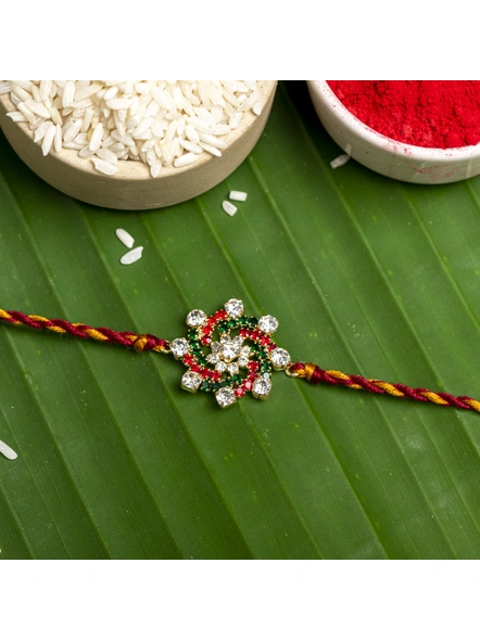 Exclusive American Diamond Floral Red Green Rakhi Bracelet with maroon Golden Dori Roli Chawal for Boys &amp; Men-LAARKAD03
