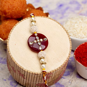 Handmade Beaded Pearl Maroon Kundan Rakhi with Roli Chawal