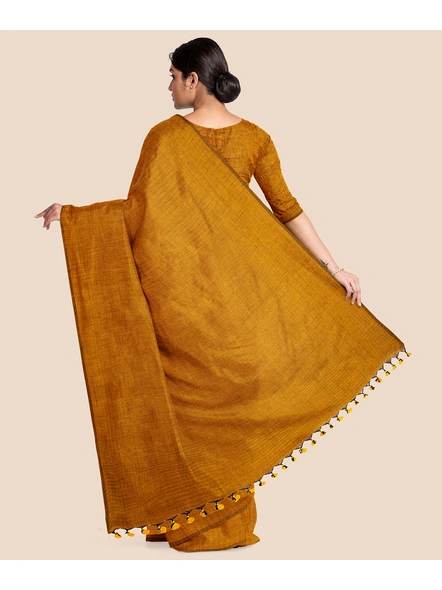 Mustard Mercerized Handloom Cotton Saree with Pompom and Blouse Piece-Mustard Yellow-Cotton-Free-Sari-Female-Adult-1