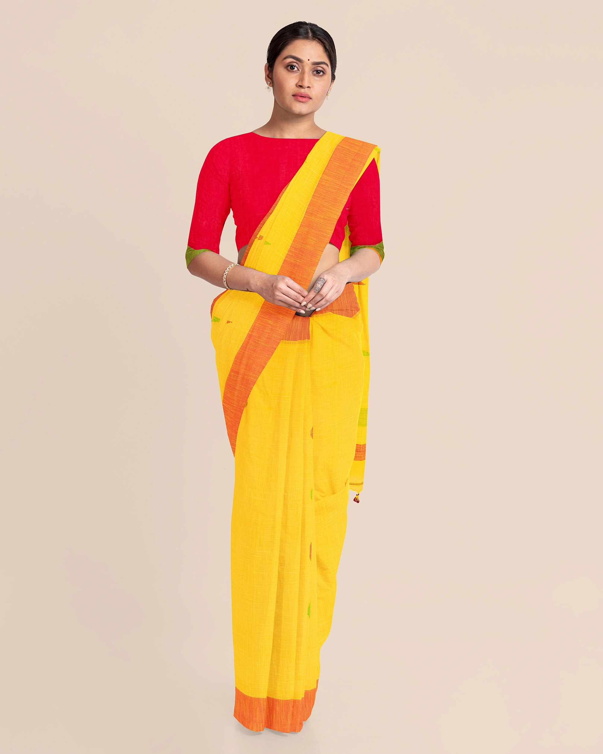 Yellow Cotton Handloom Saree with Pompom and Blouse Piece-Yellow-Cotton-Free-Sari-Female-Adult-8