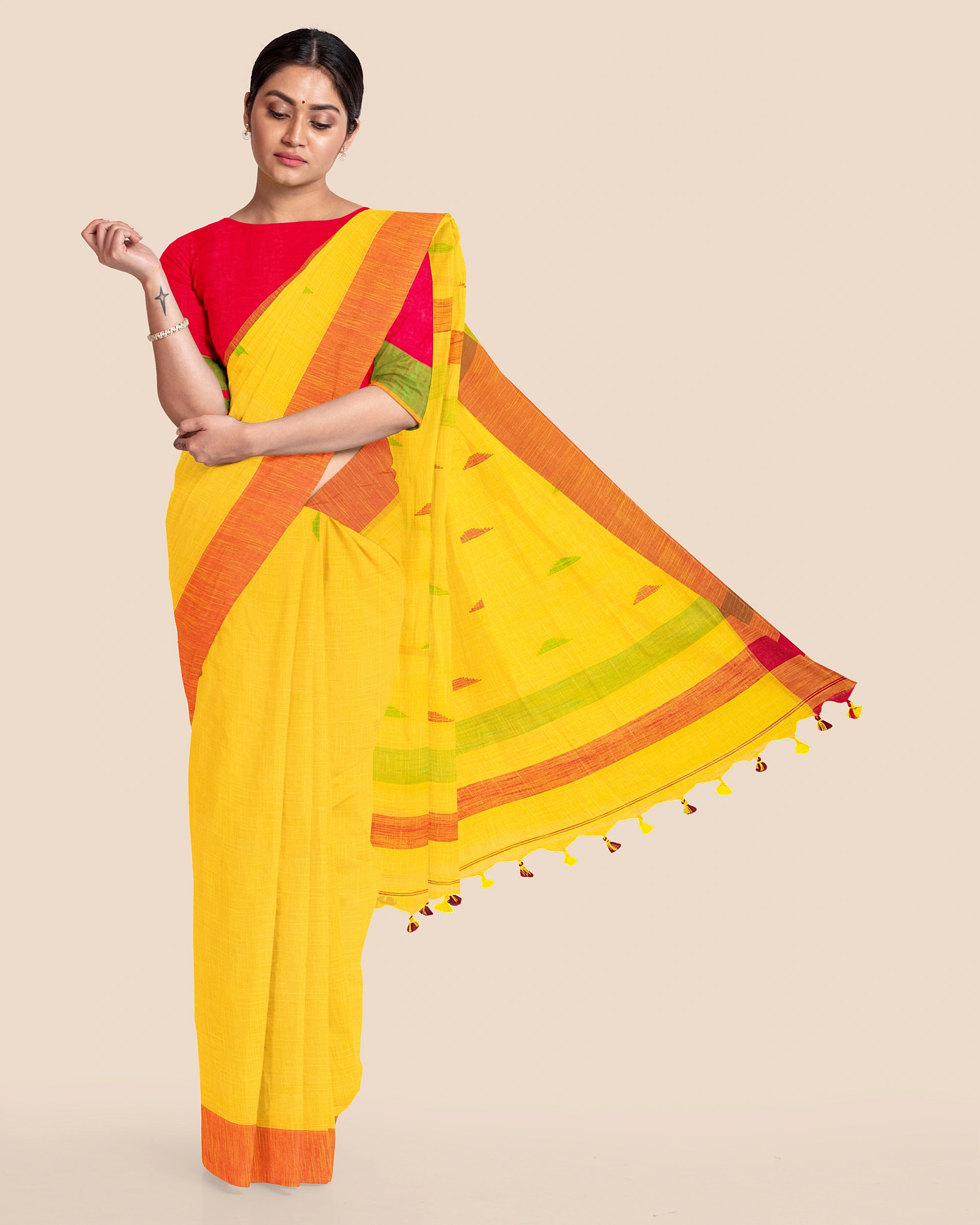 Yellow Cotton Handloom Saree with Pompom and Blouse Piece-Yellow-Cotton-Free-Sari-Female-Adult-6