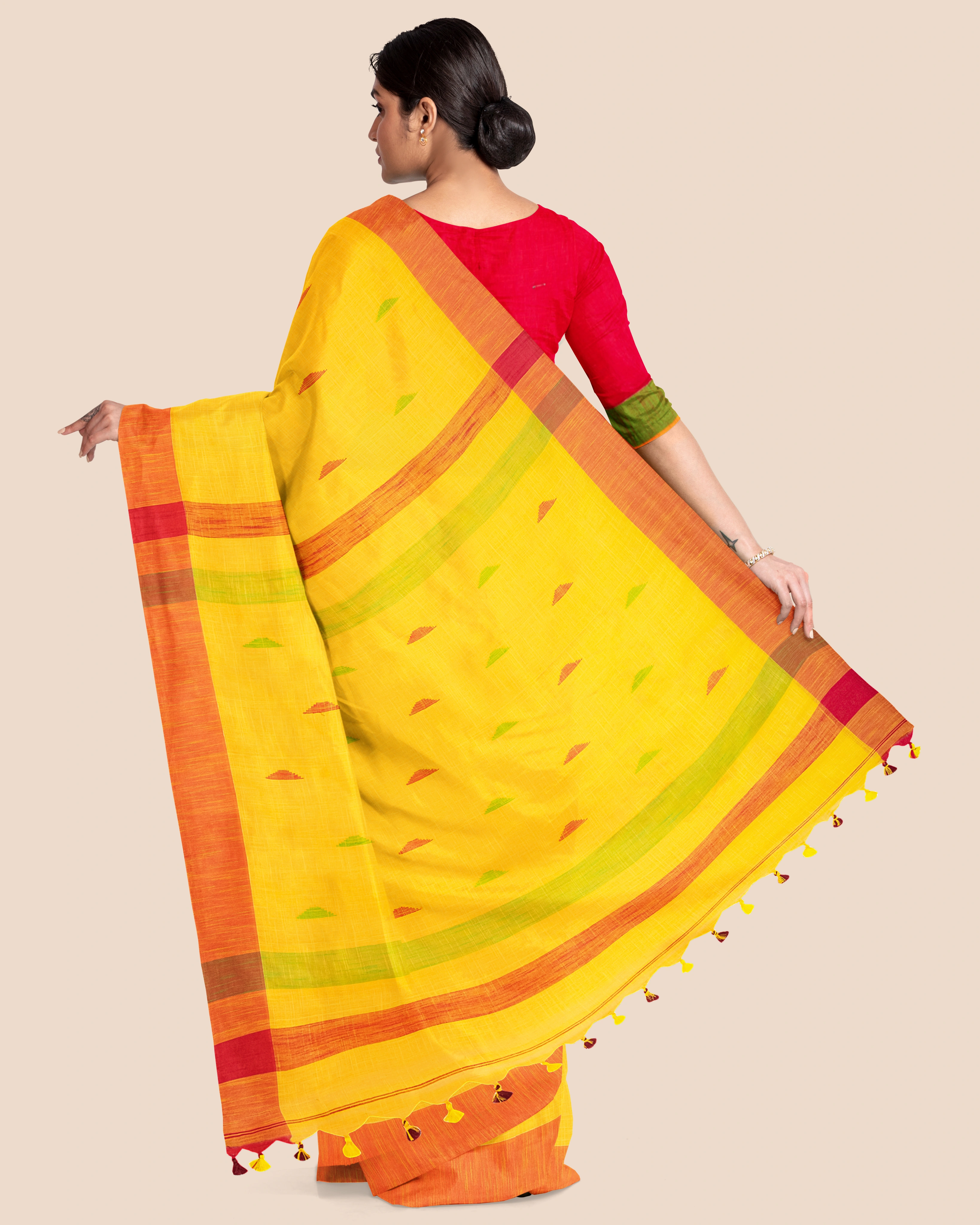 Yellow Cotton Handloom Saree with Pompom and Blouse Piece-Yellow-Cotton-Free-Sari-Female-Adult-7