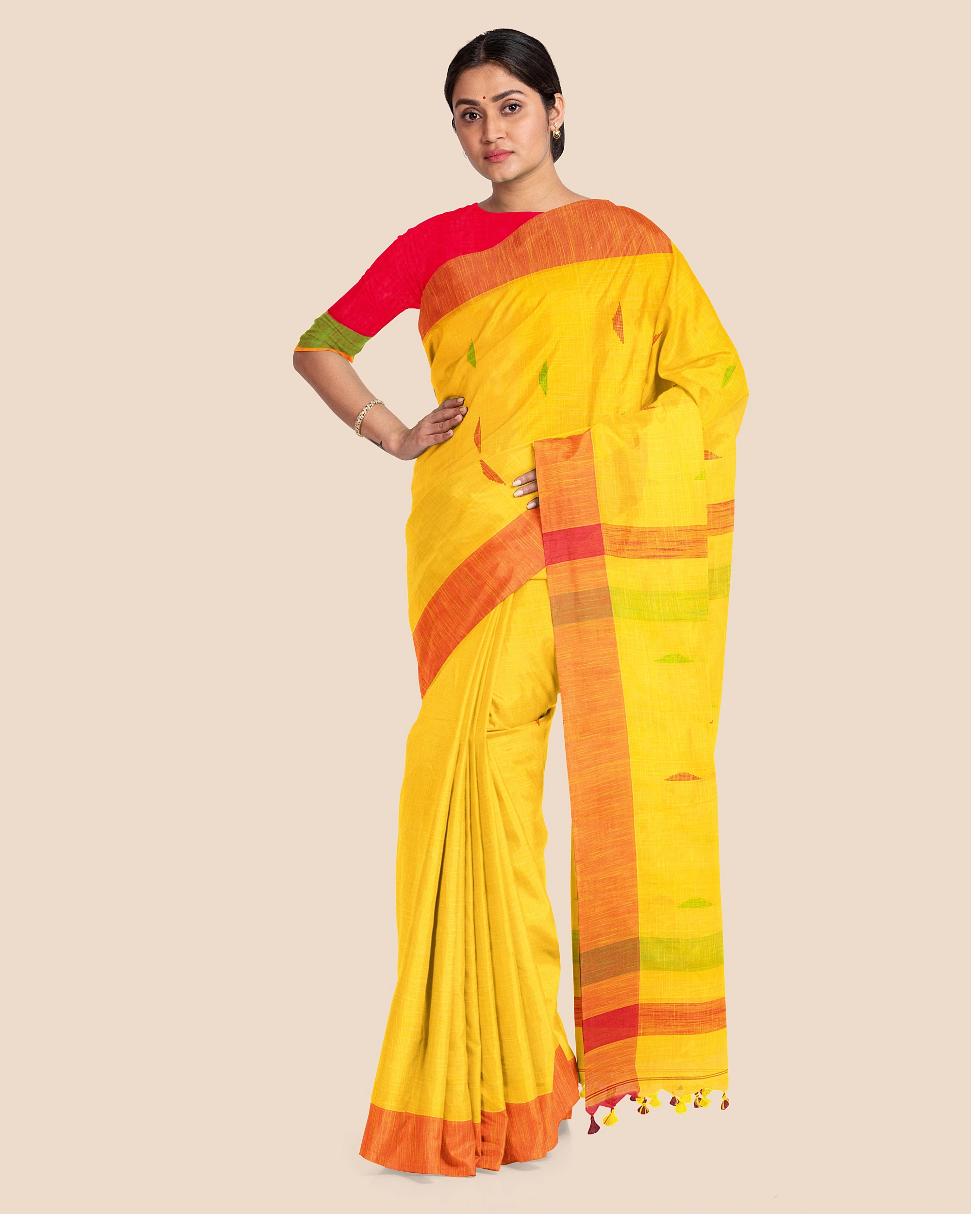 Yellow Cotton Handloom Saree with Pompom and Blouse Piece-Yellow-Cotton-Free-Sari-Female-Adult-9