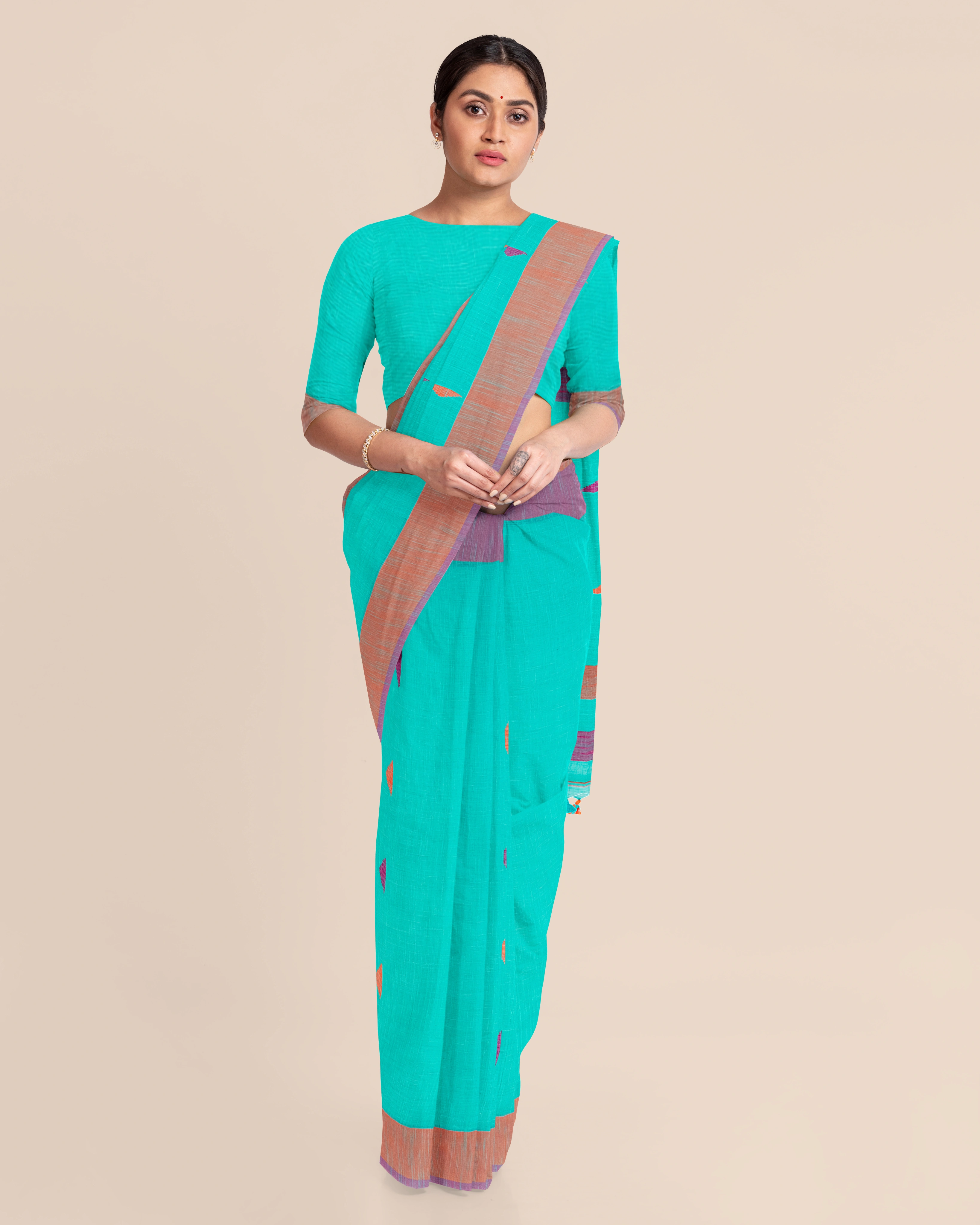 Teal Blue Handloom Cotton Buti Saree with Blouse Piece-9