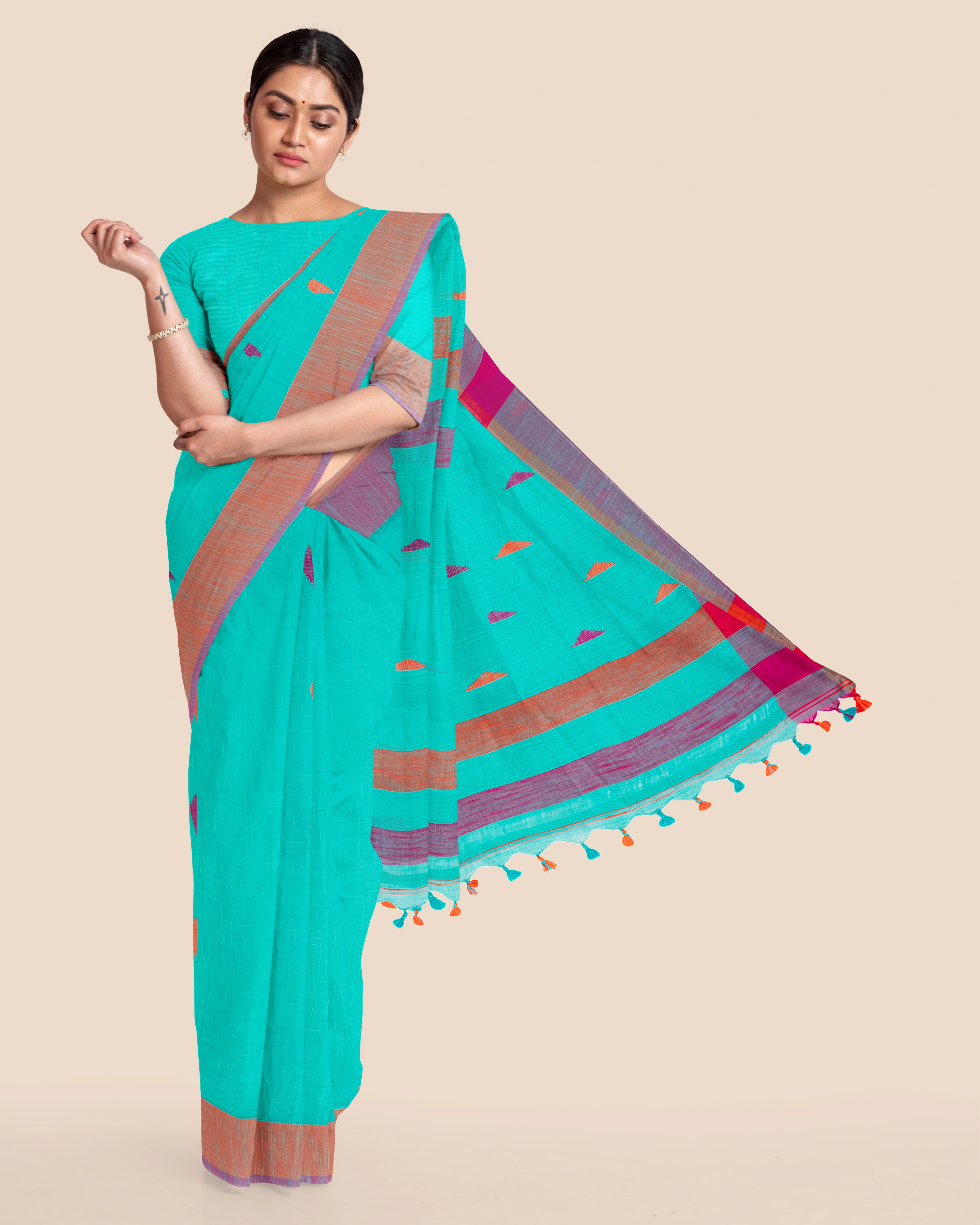 Teal Blue Handloom Cotton Buti Saree with Blouse Piece-6