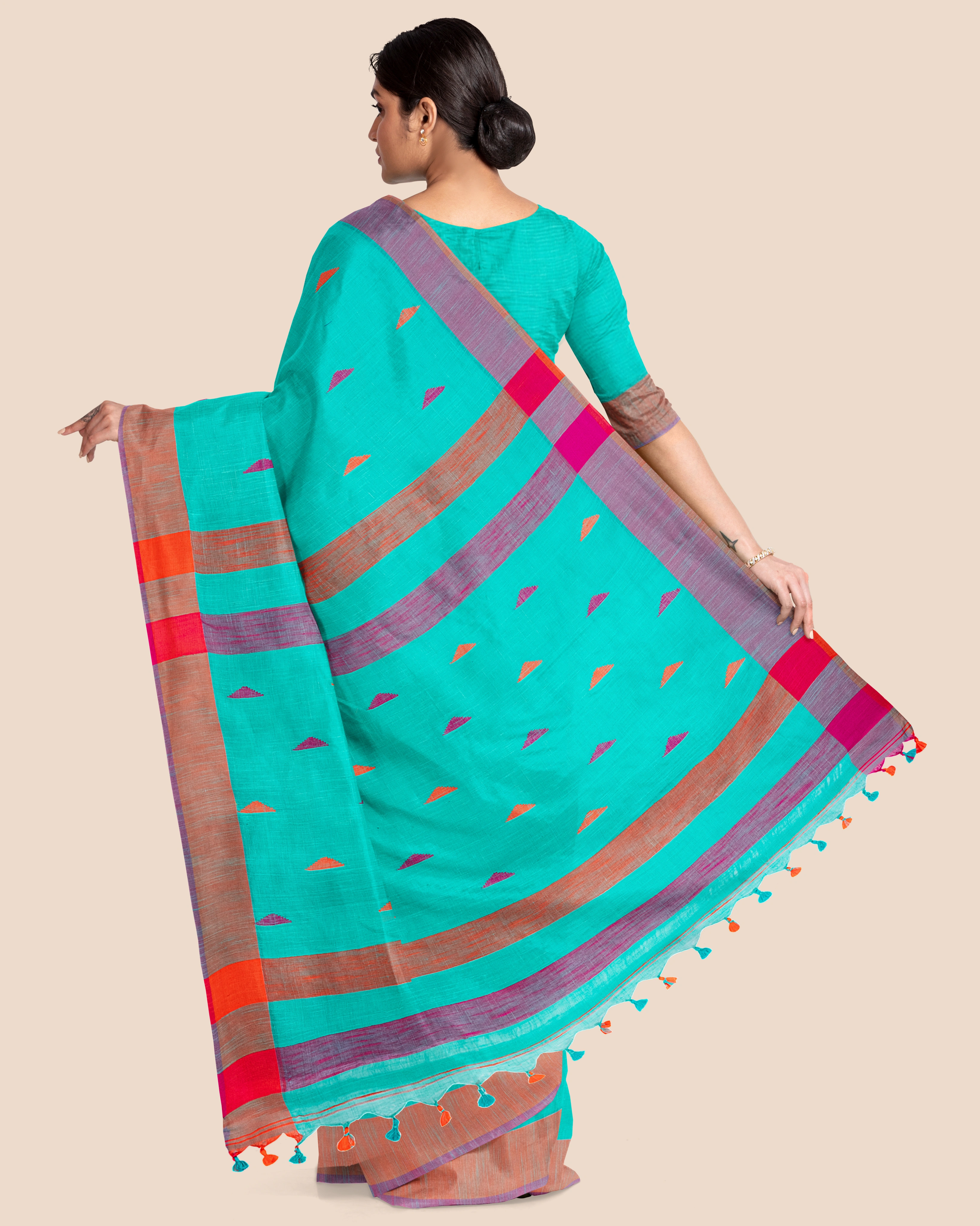 Teal Blue Handloom Cotton Buti Saree with Blouse Piece-7