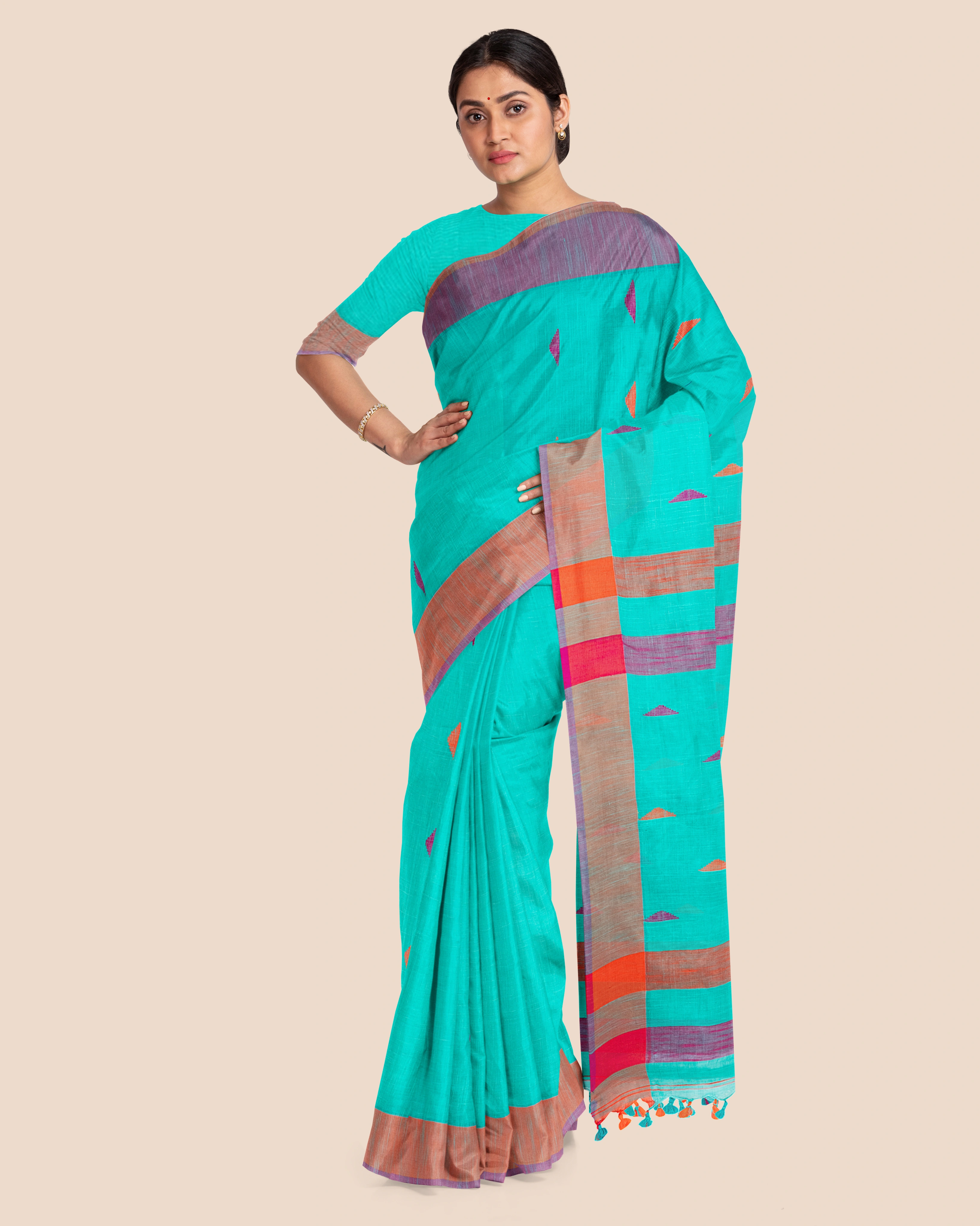 Teal Blue Handloom Cotton Buti Saree with Blouse Piece-8