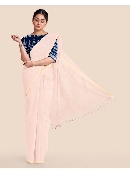 Beige Handloom Cotton Noil Zari Border Saree with Blouse Piece-Beige-Cotton-Free-Sari-Female-Adult-6