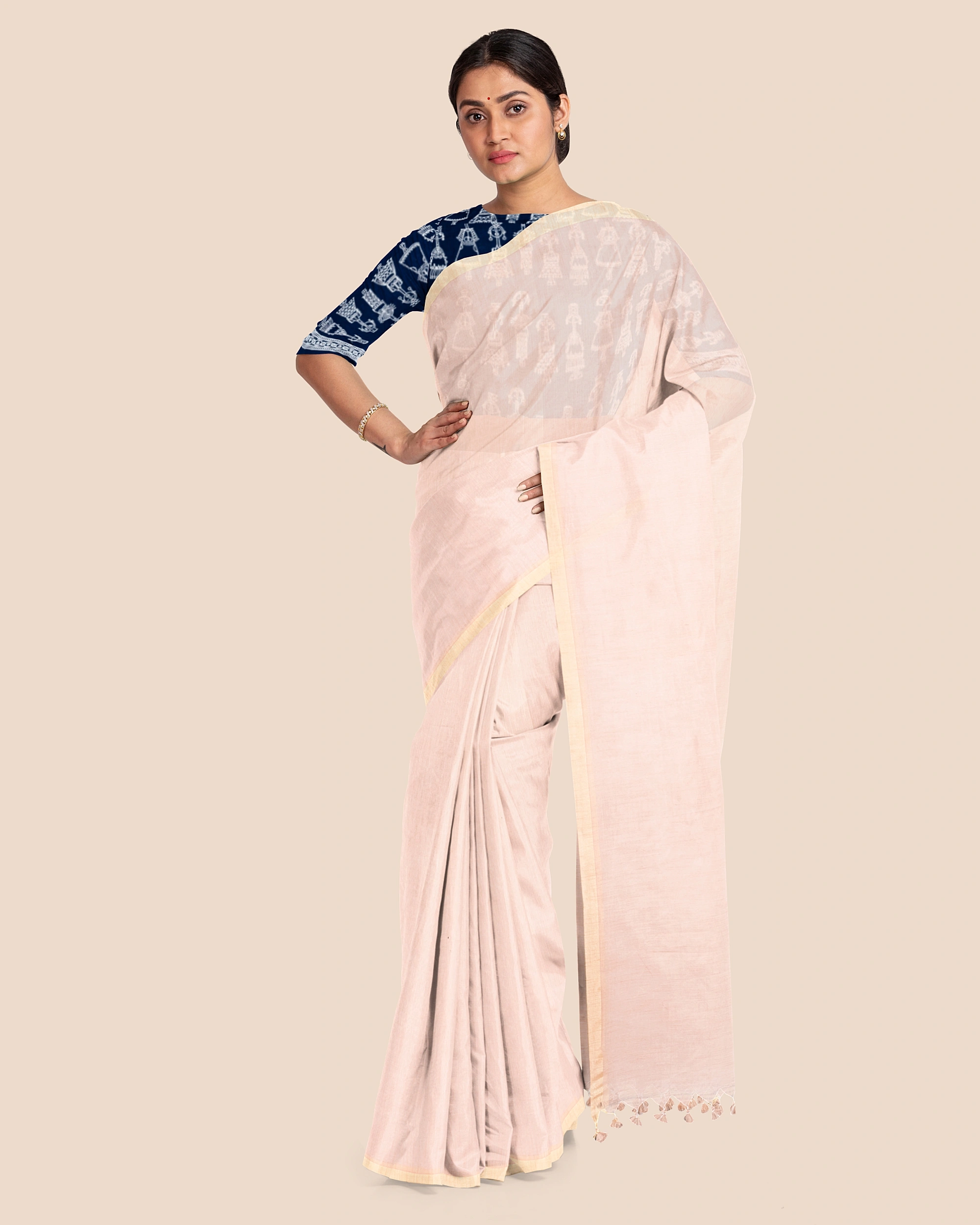 Beige Handloom Cotton Noil Zari Border Saree with Blouse Piece-Beige-Cotton-Free-Sari-Female-Adult-9