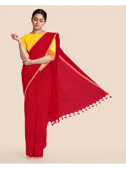 Red Handloom Cotton Noil Zari Border Saree with Blouse Piece-Red-Cotton-Free-Sari-Female-Adult-6