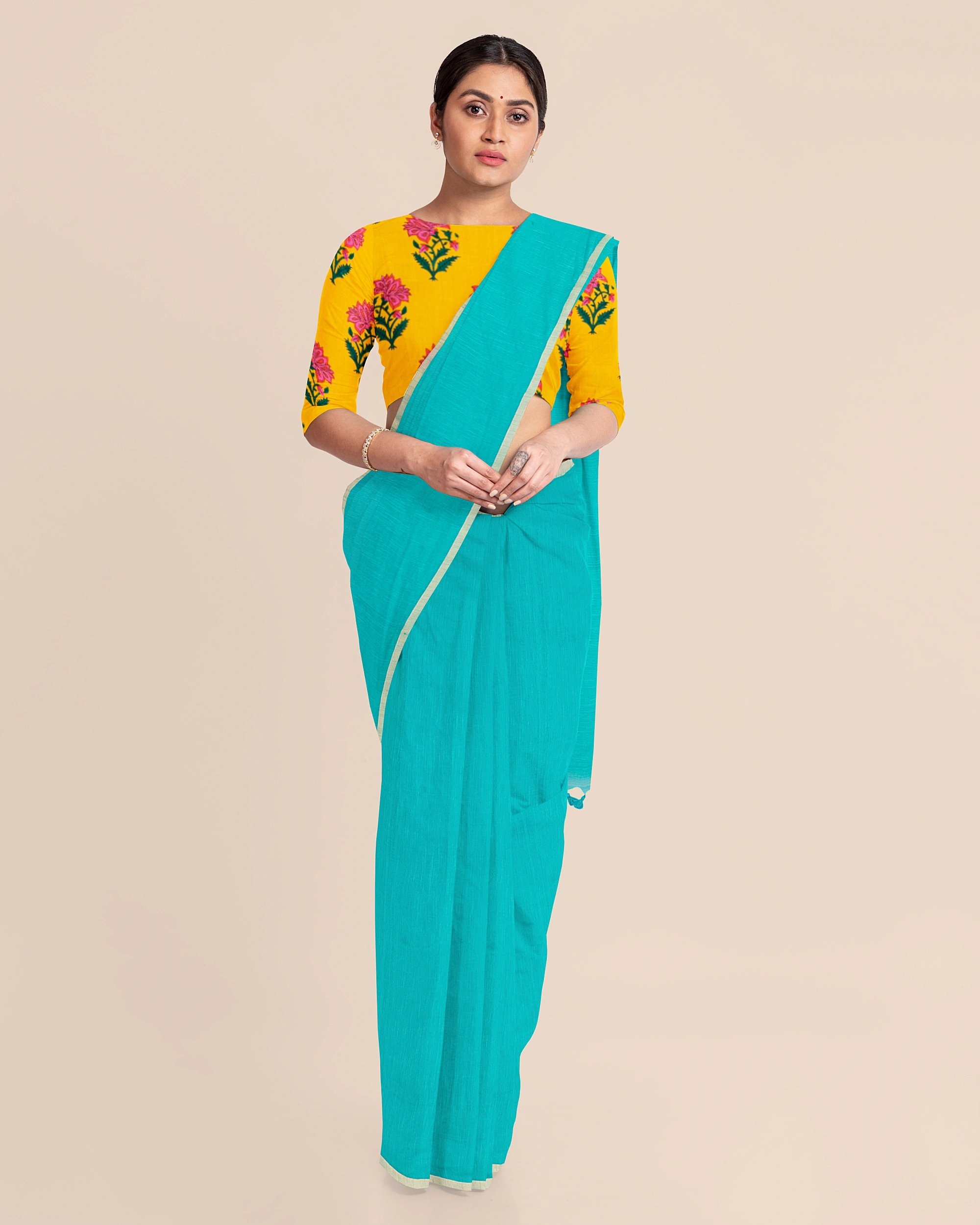 Teal Green Handloom Cotton Noil Zari Border Saree with Blouse Piece-Green-Cotton-Free-Sari-Female-Adult-6