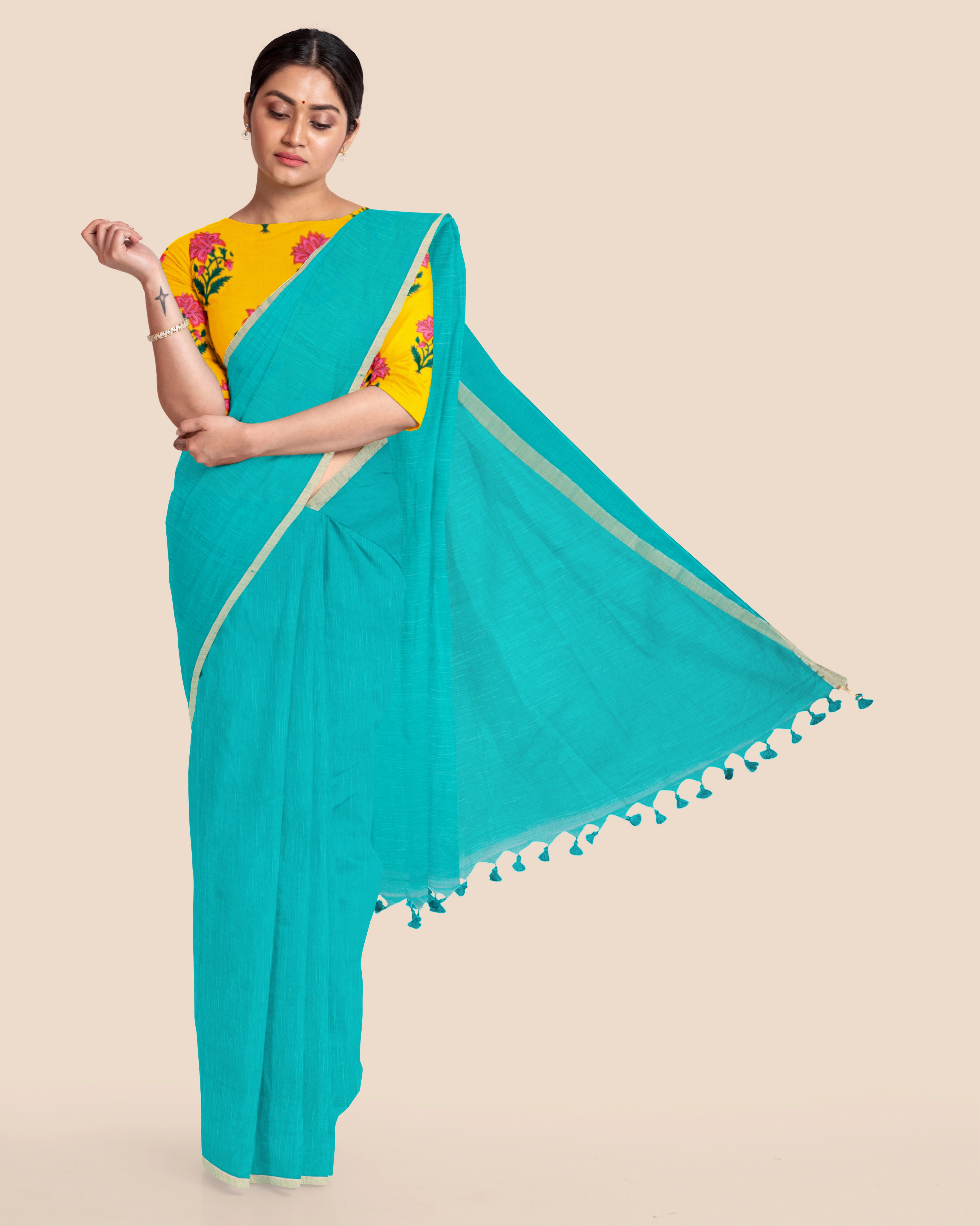 Teal Green Handloom Cotton Noil Zari Border Saree with Blouse Piece-Green-Cotton-Free-Sari-Female-Adult-4