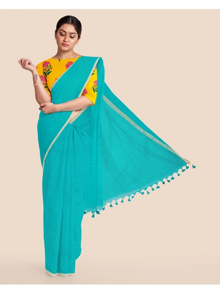 Teal Green Handloom Cotton Noil Zari Border Saree with Blouse Piece-Green-Cotton-Free-Sari-Female-Adult-4