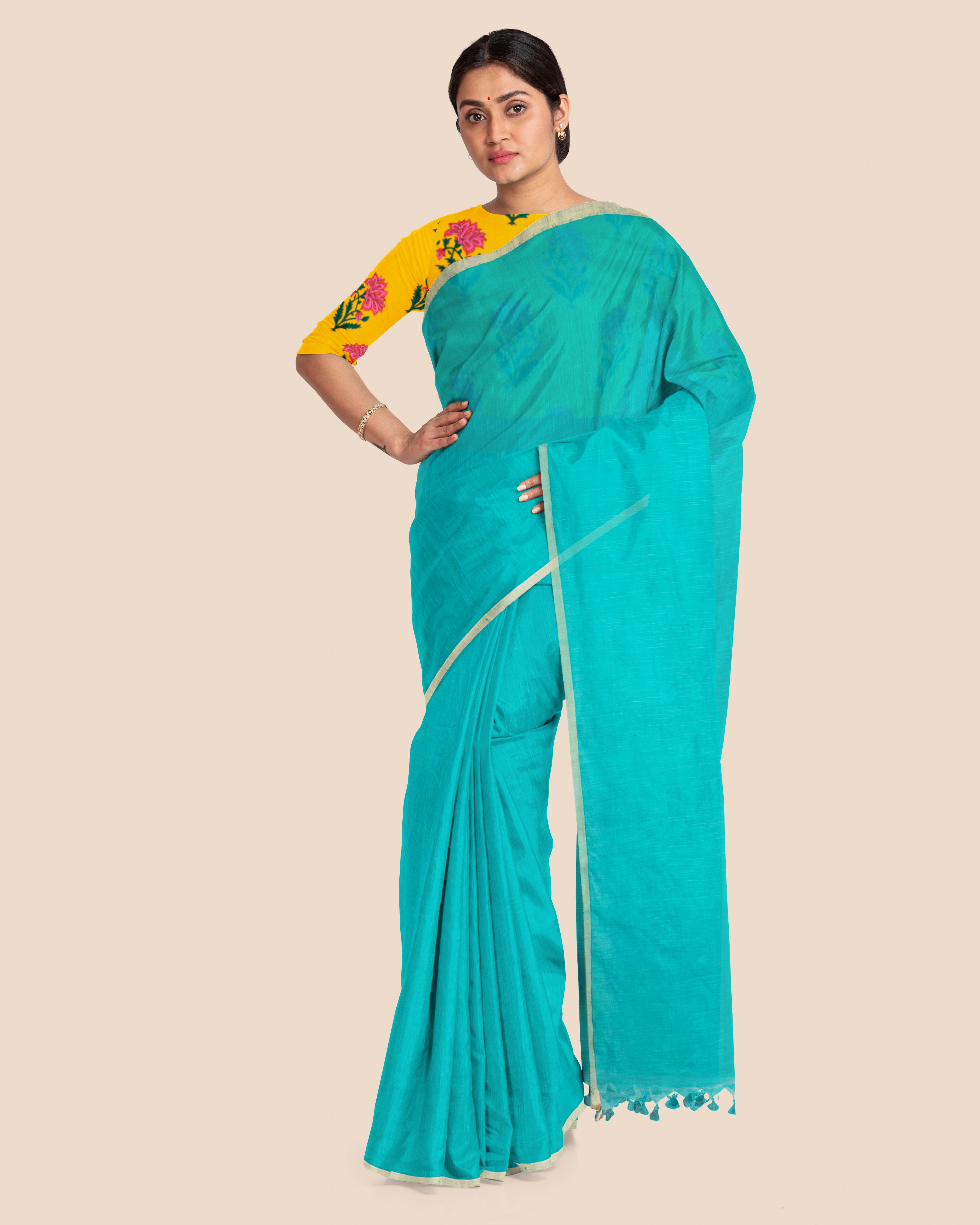 Teal Green Handloom Cotton Noil Zari Border Saree with Blouse Piece-Green-Cotton-Free-Sari-Female-Adult-7