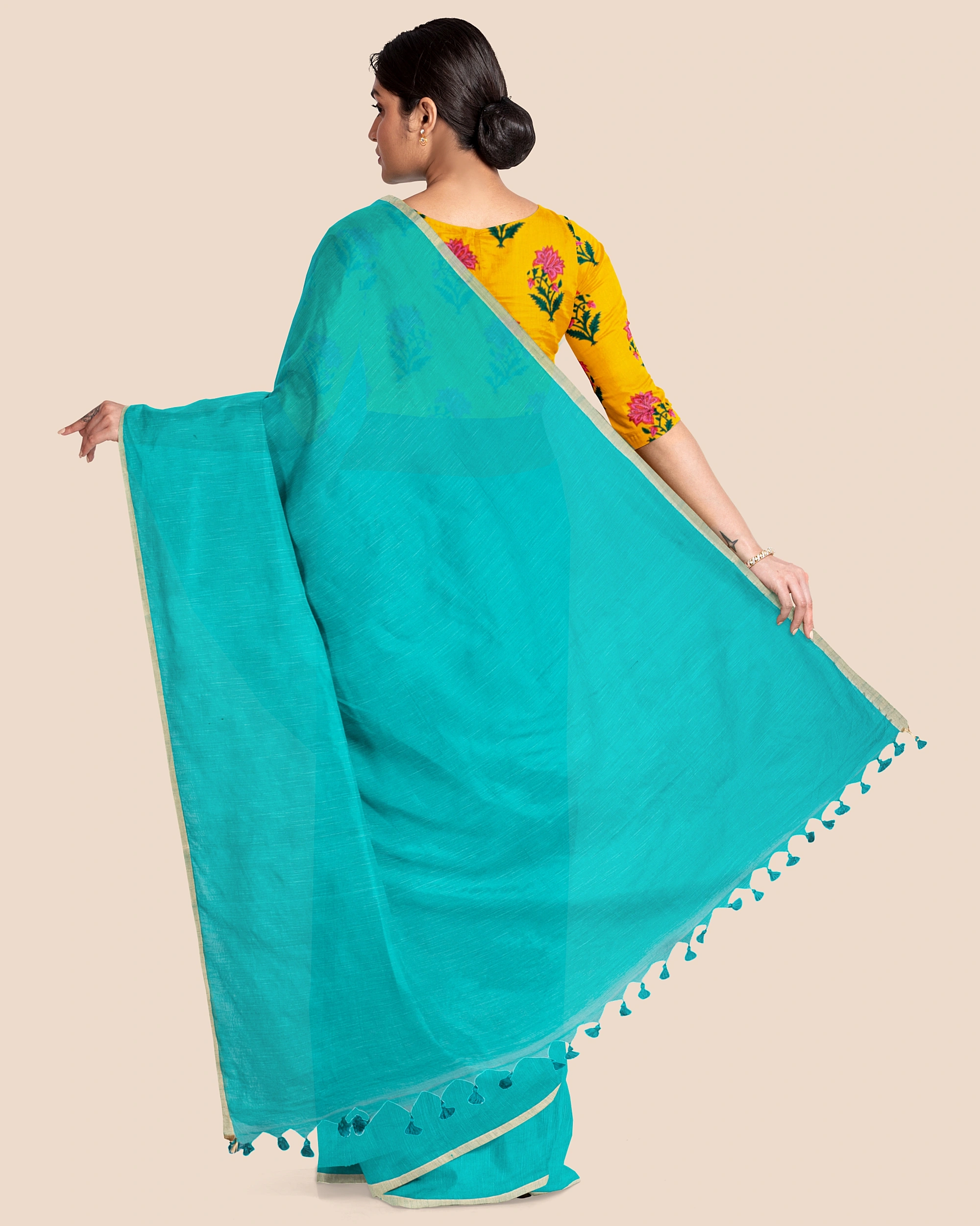 Teal Green Handloom Cotton Noil Zari Border Saree with Blouse Piece-Green-Cotton-Free-Sari-Female-Adult-5