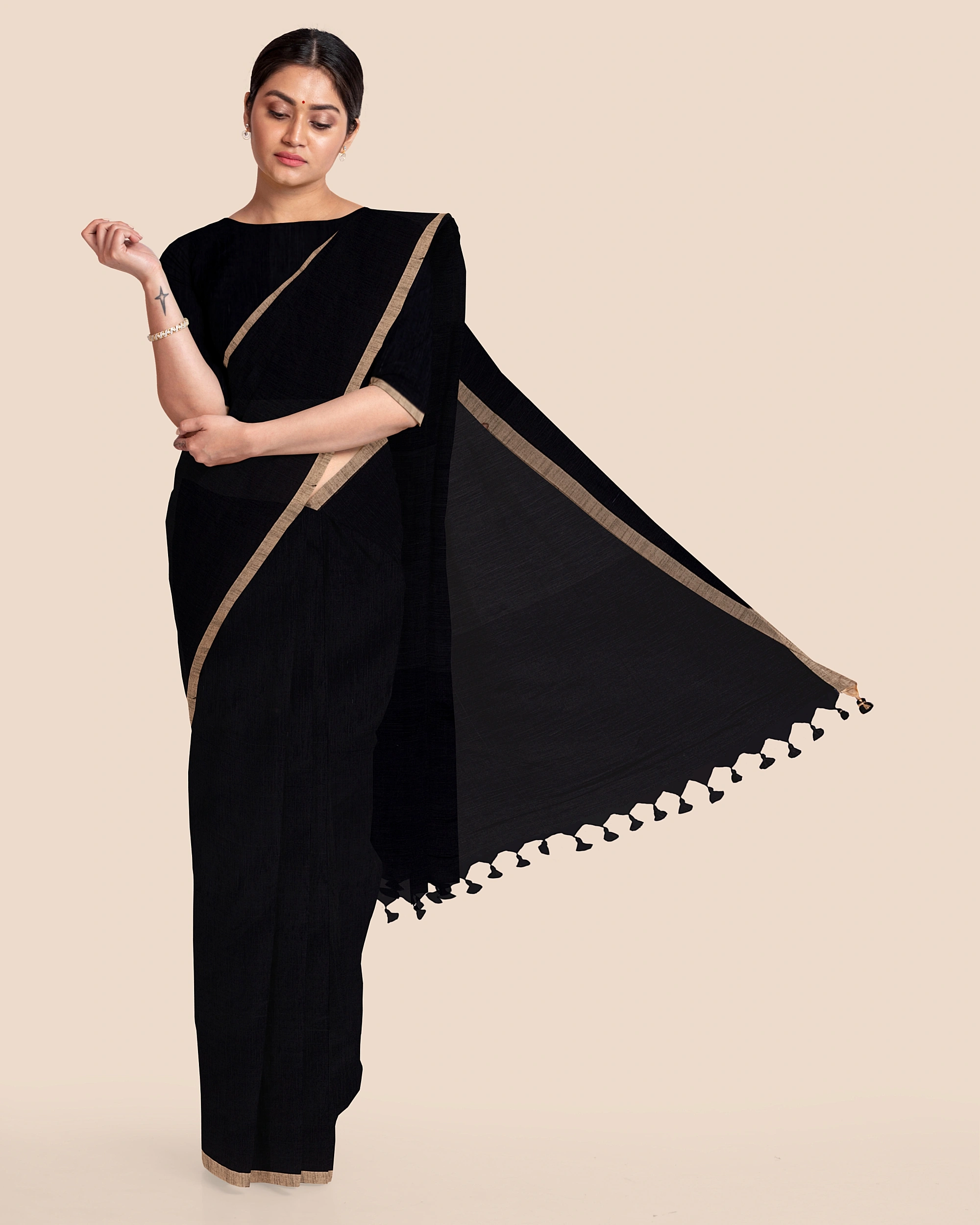 Black Handloom Cotton Silk Noil Zari Border Saree with Blouse Piece-LAACSHS022