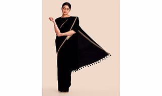Black Handloom Cotton Silk Noil Zari Border Saree with Blouse Piece