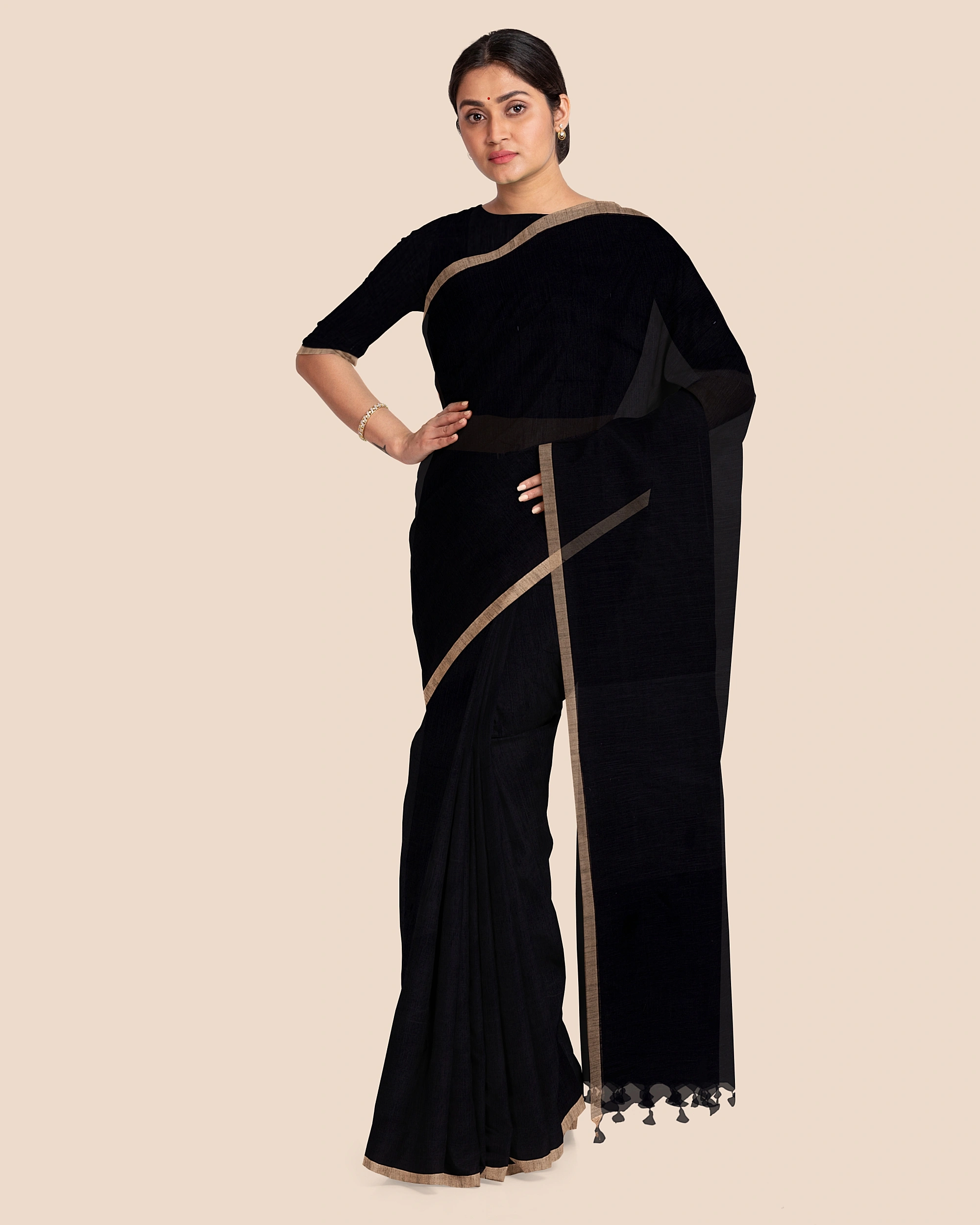 Black Handloom Cotton Silk Noil Zari Border Saree with Blouse Piece-3