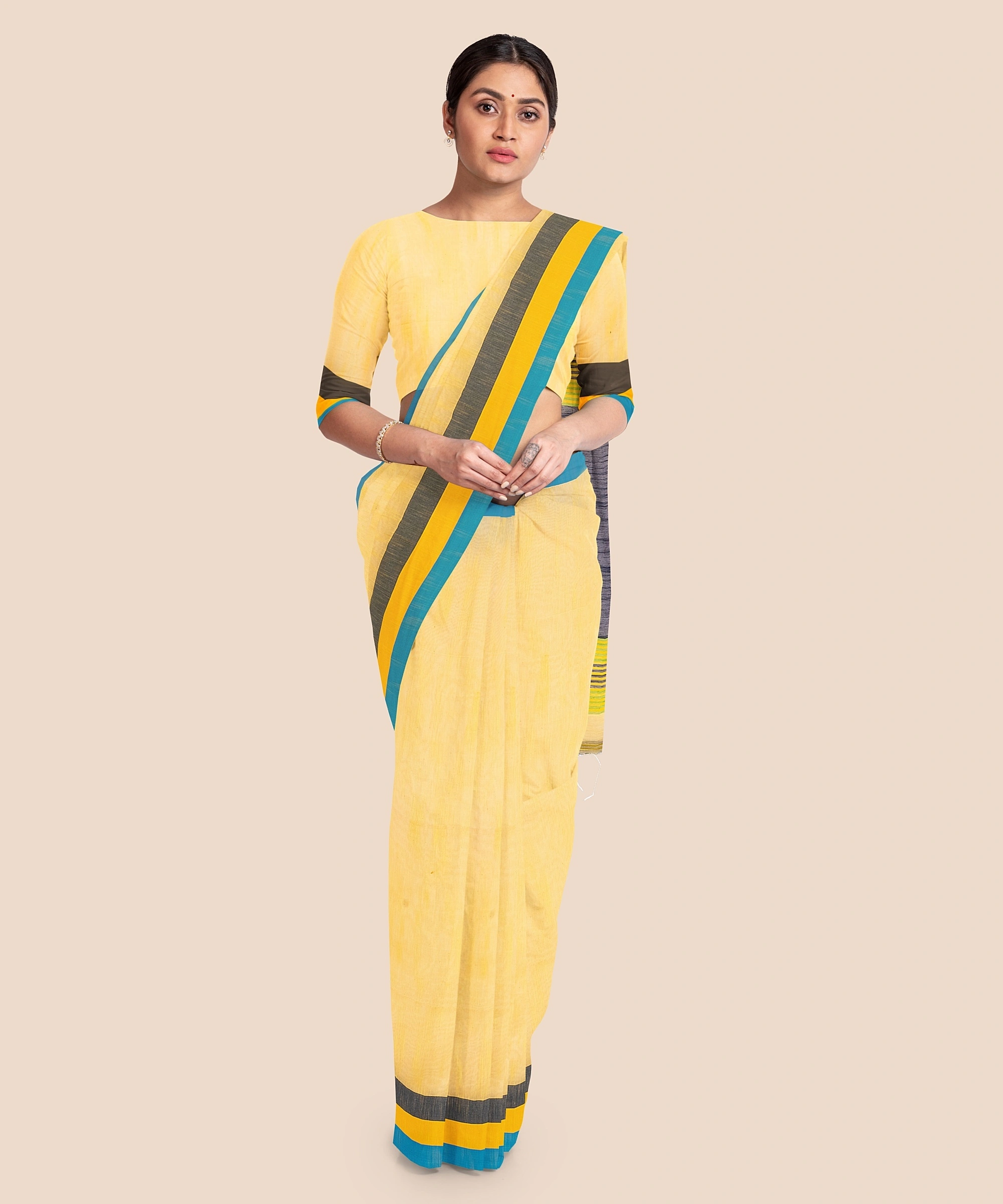 Handloom Noel Pure Cotton Saree with Blouse piece (Yellow)-2