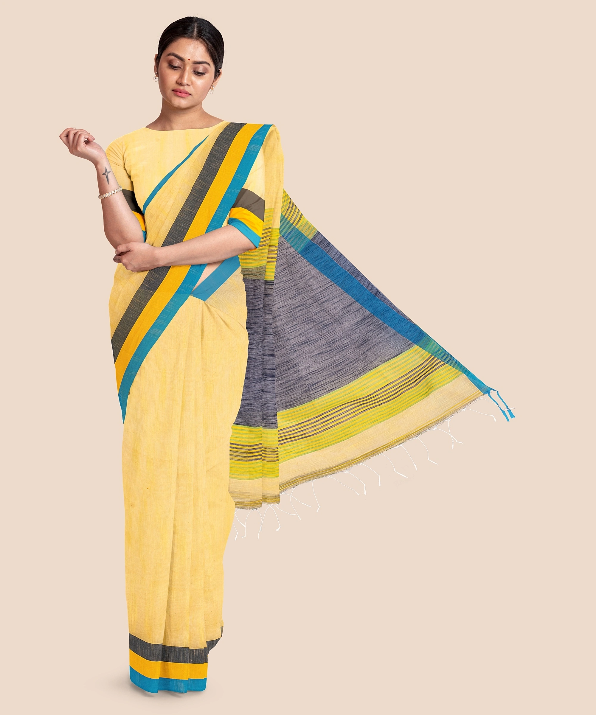 Handloom Noel Pure Cotton Saree with Blouse piece (Yellow)-LAACHS008