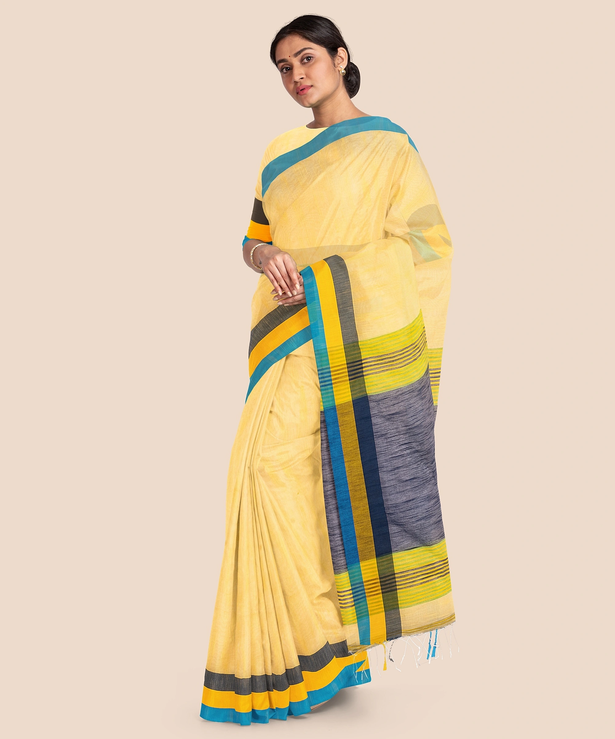 Handloom Noel Pure Cotton Saree with Blouse piece (Yellow)-3