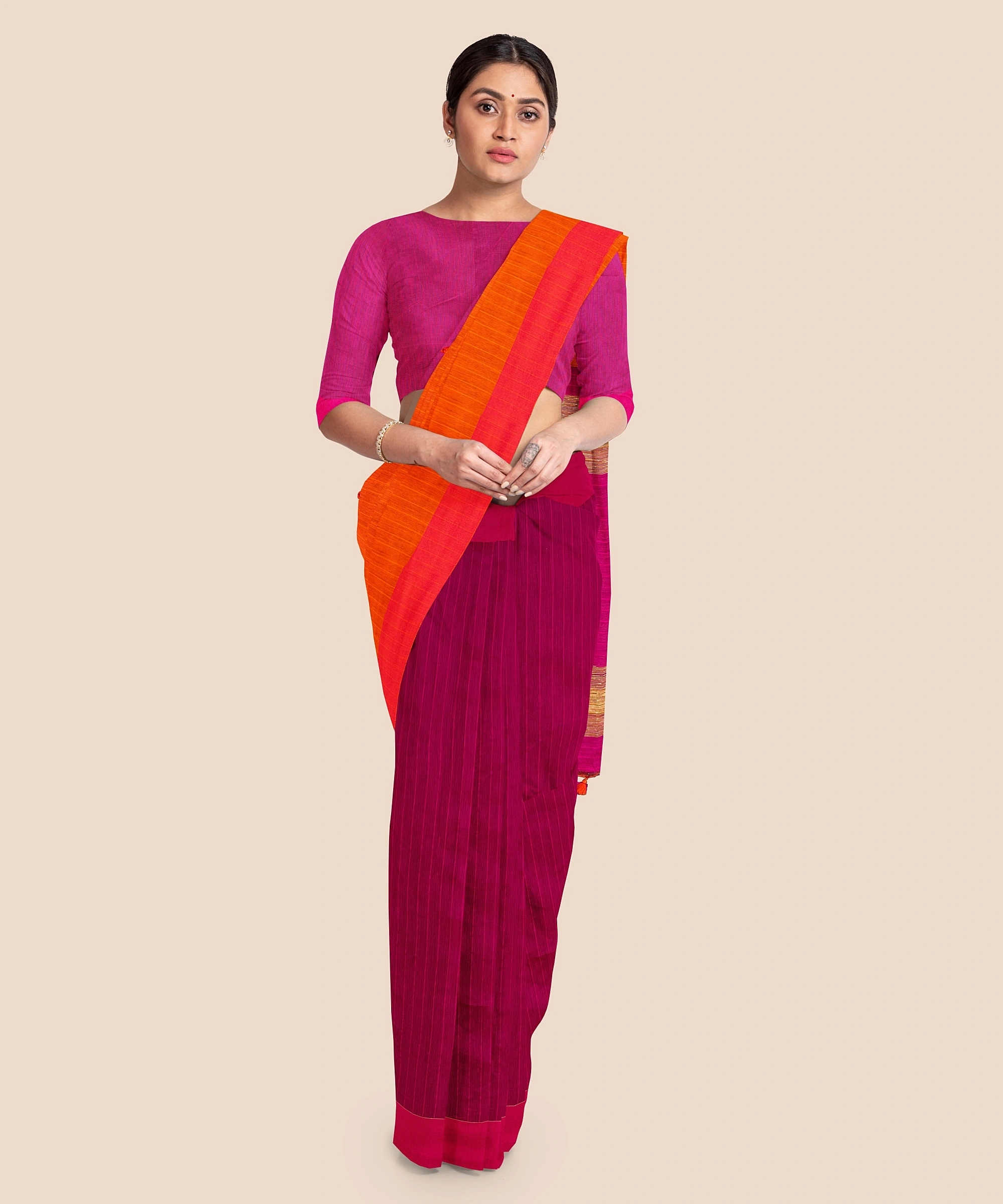 Handloom Pure Cotton Saree with Blouse piece (Magenta)-2