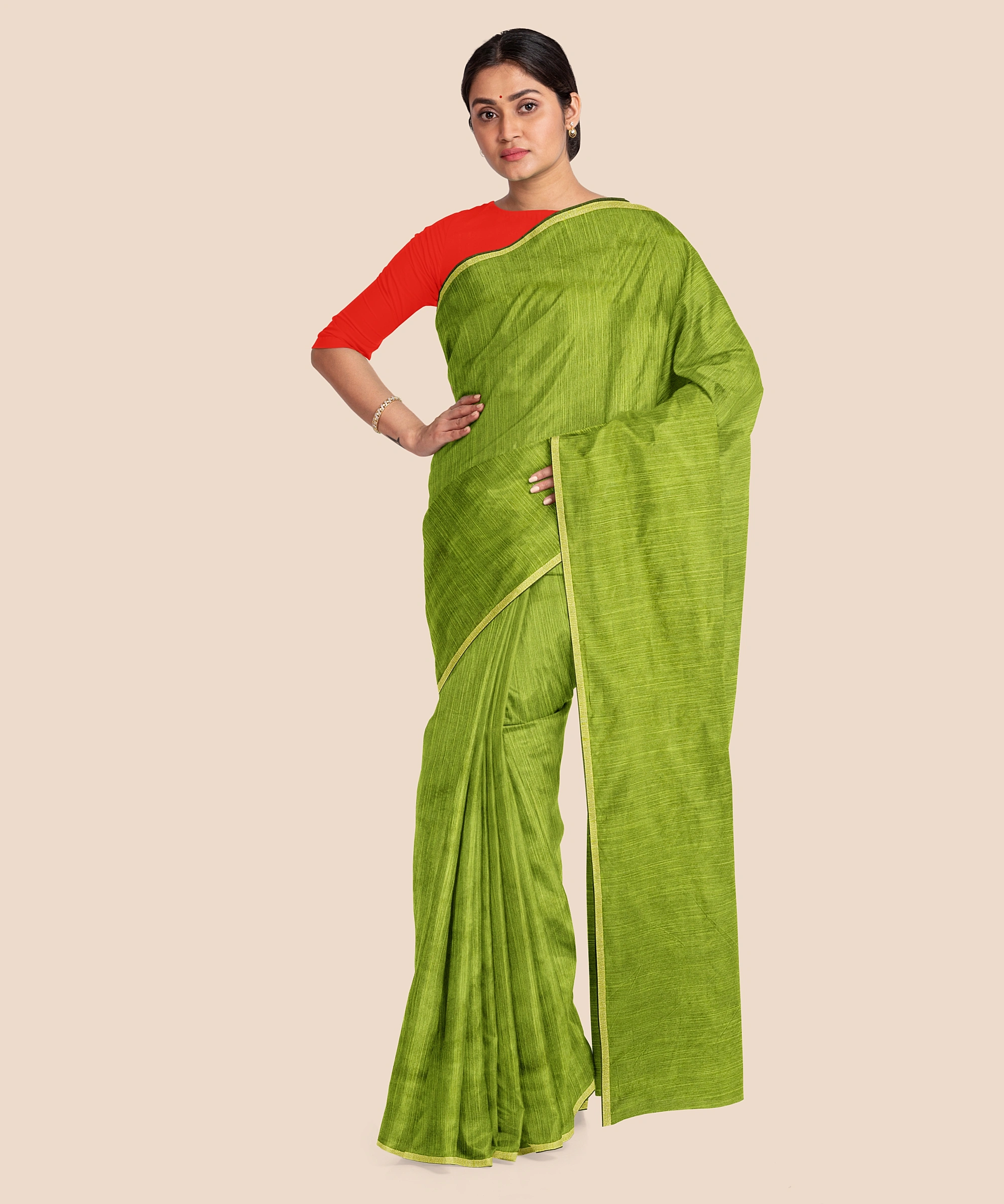 Handwoven Olive Green RAW Silk Saree-3