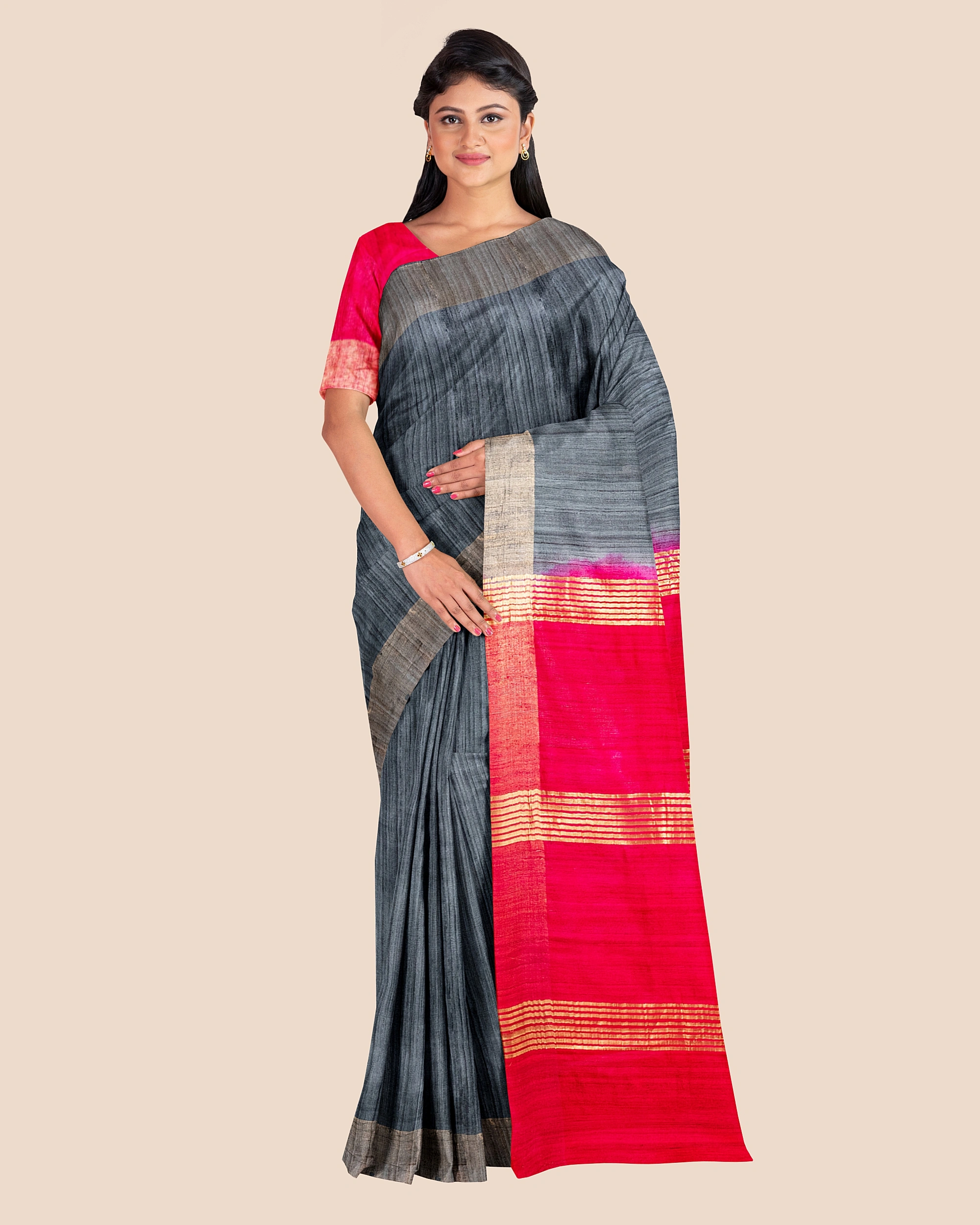 Slate Grey Handwoven Tussar Ghicha Silk Saree with Reddish Pink Golden Zari Pallu and Blouse Piece-6